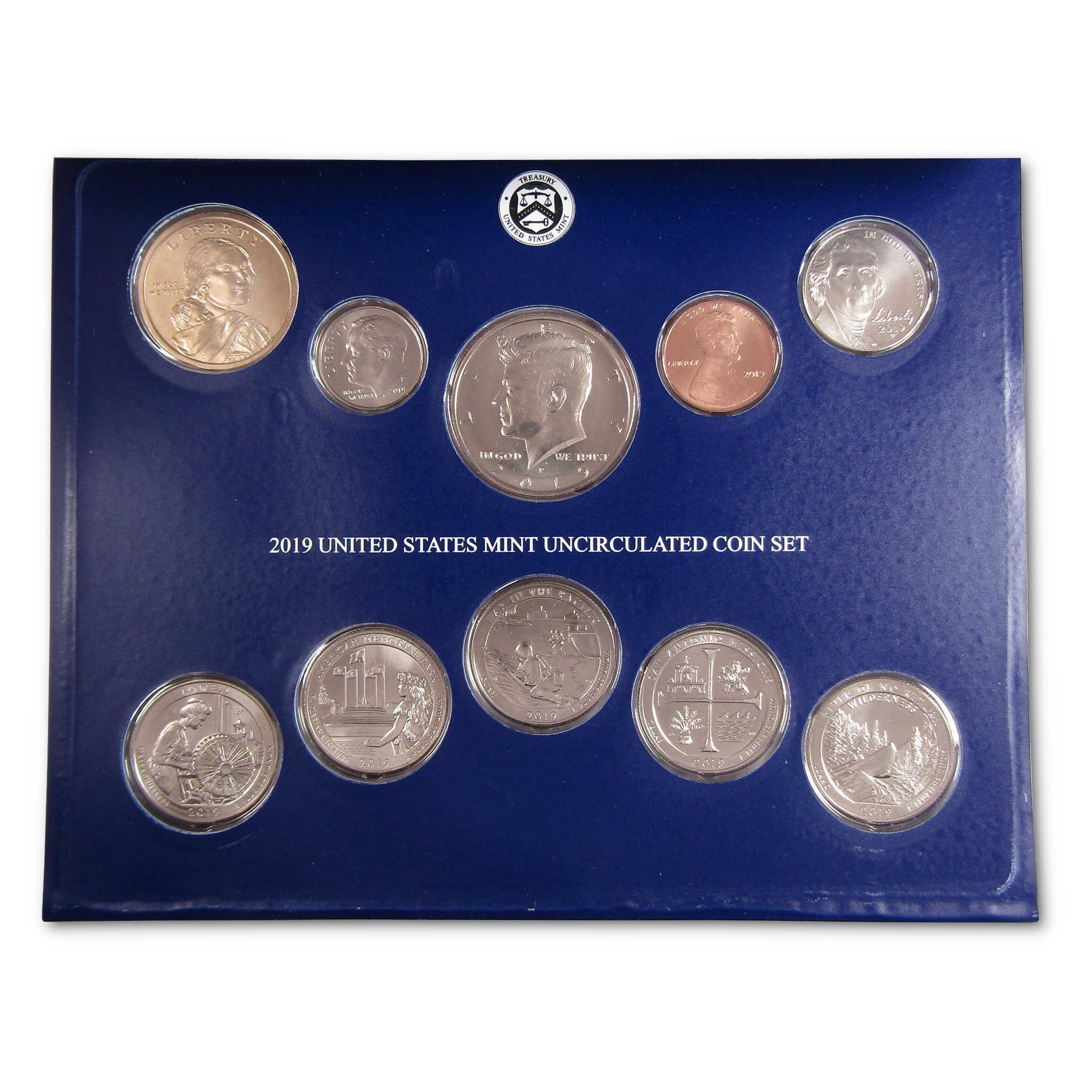 2019 United States Mint uncirculated coin set in original blue packaging, multiple coins displayed