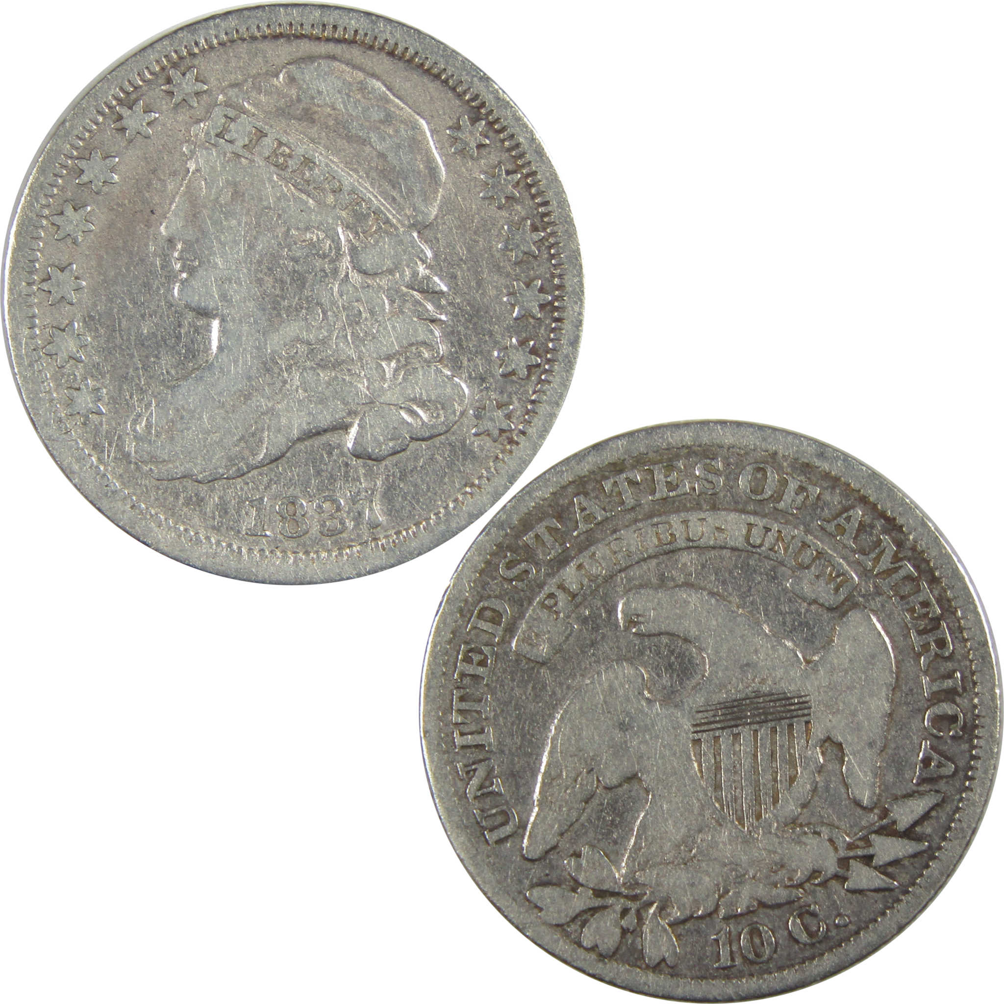 1837 Capped Bust Dime F Fine Details Silver 10c Coin SKU:CPC0945