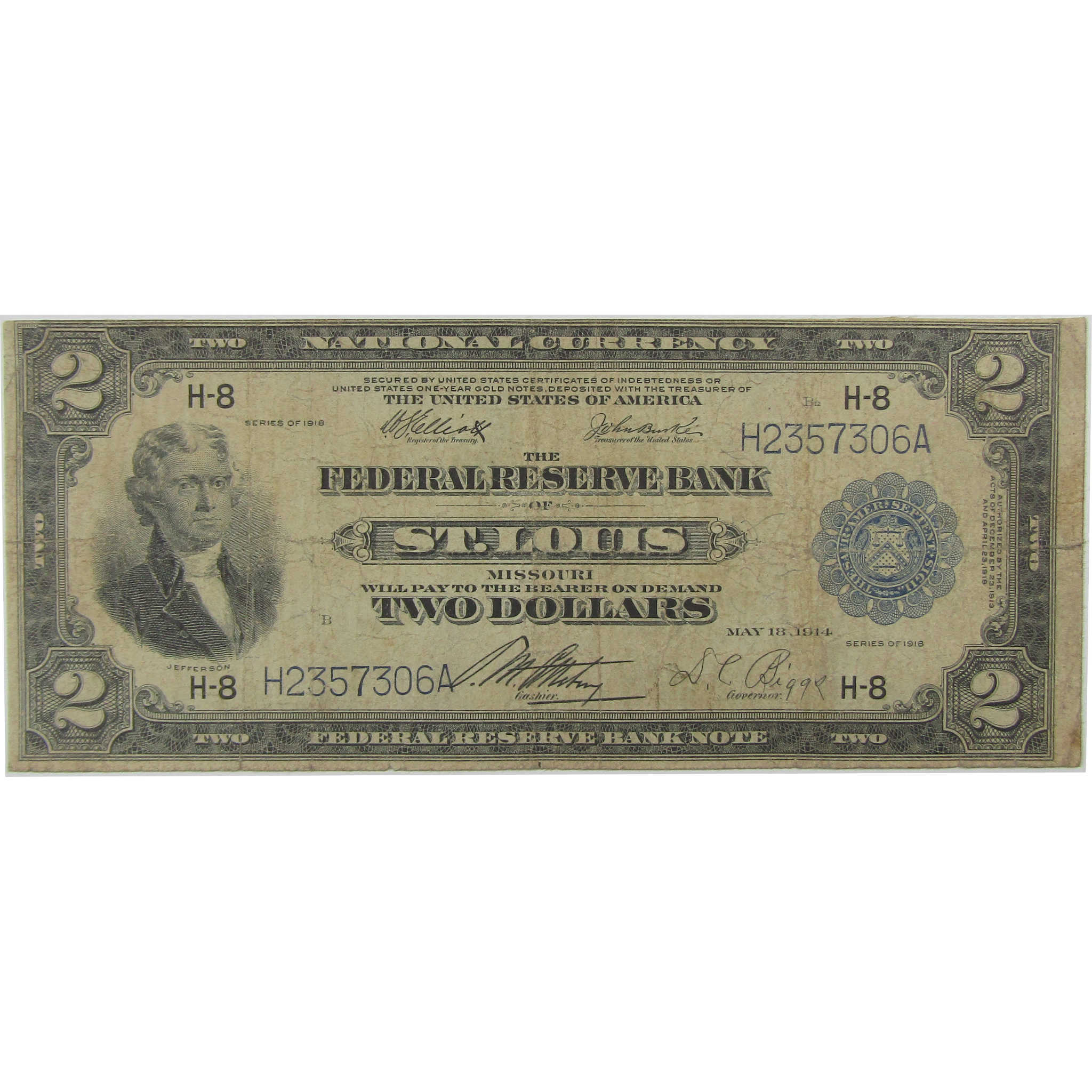 1918 $2 Federal Reserve Bank Note Saint Louis MO Very Good SKU:I23177