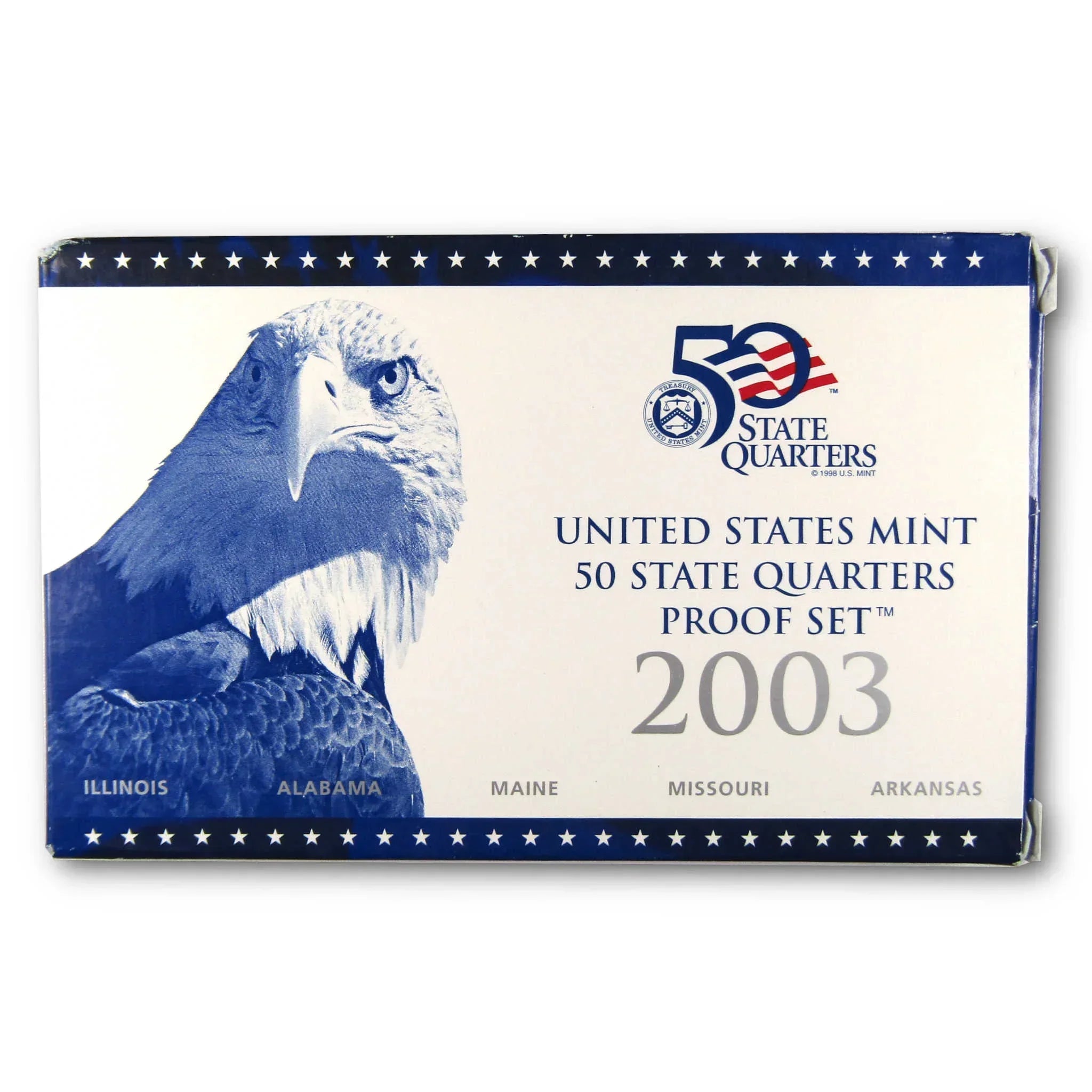 2003 United States Mint 50 State Quarters Proof Set box featuring a bald eagle design