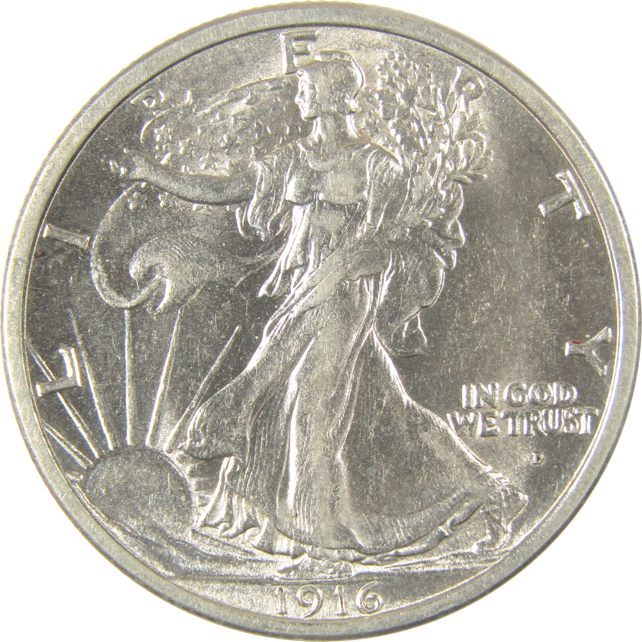 1916 D Liberty Walking Half Dollar Borderline Uncirculated SKU:I19718