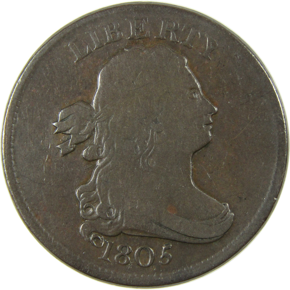 1805 Medium 5 No Stems Draped Bust Copper Half Cent VG Very Good Coin