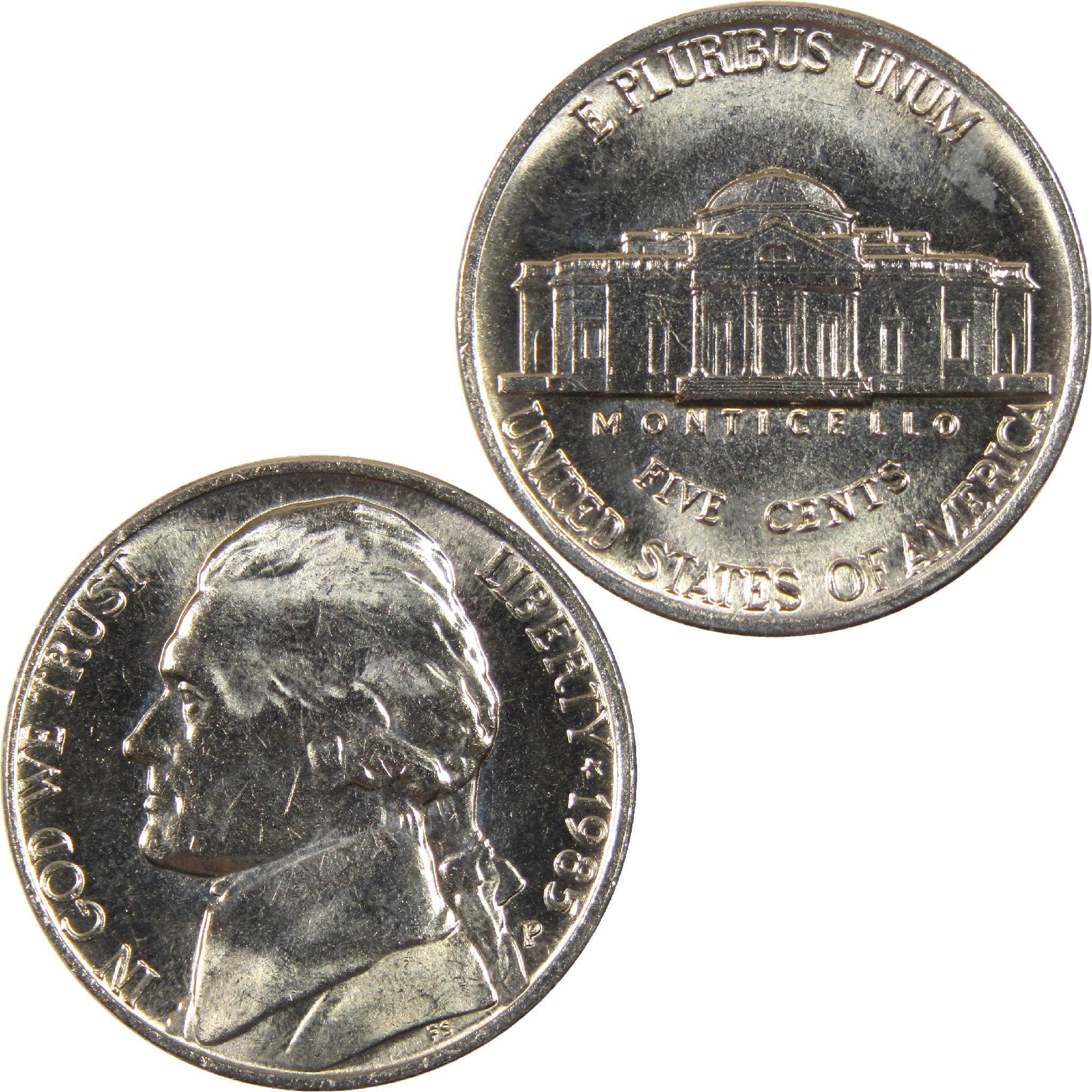 1983 Jefferson nickel collectible coin, obverse with portrait, reverse with Monticello