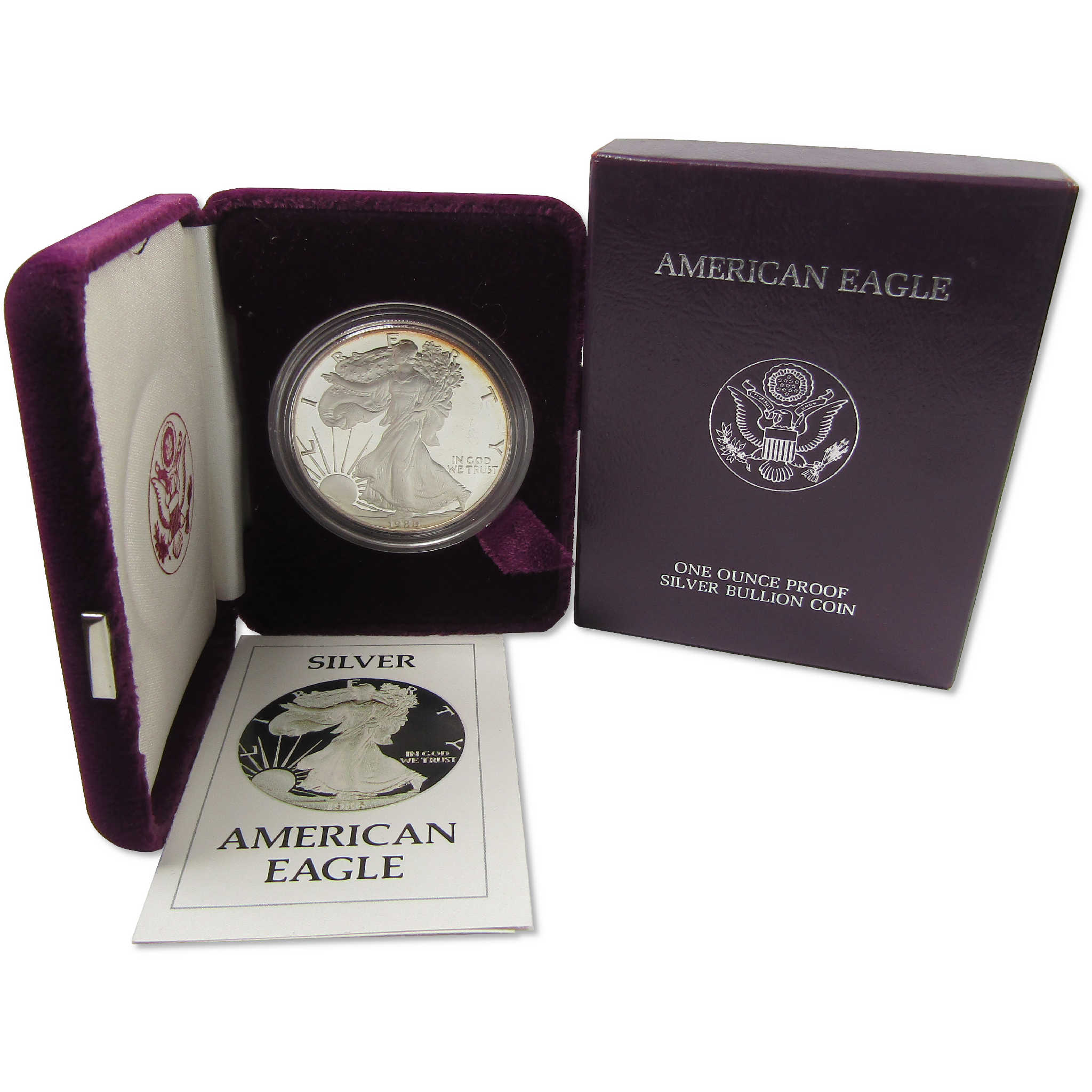 1986 S American Silver Eagle Choice Proof Bullion $1 Coin OGP COA