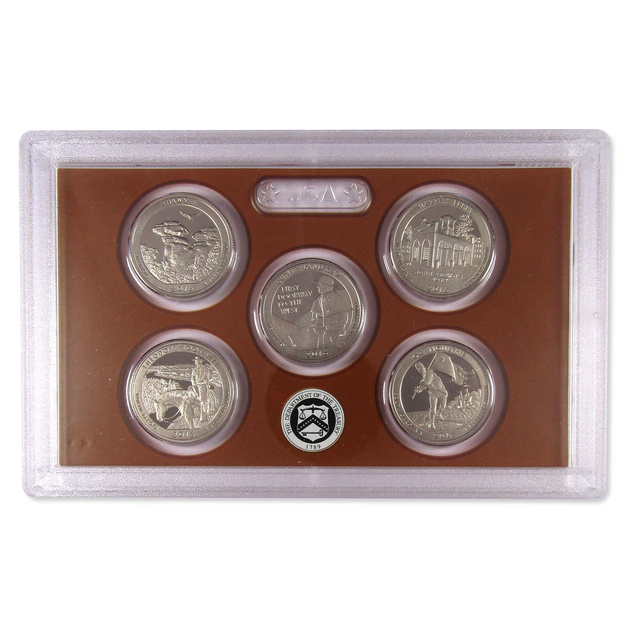 United States collectible coin set in plastic display case, five coins with unique designs