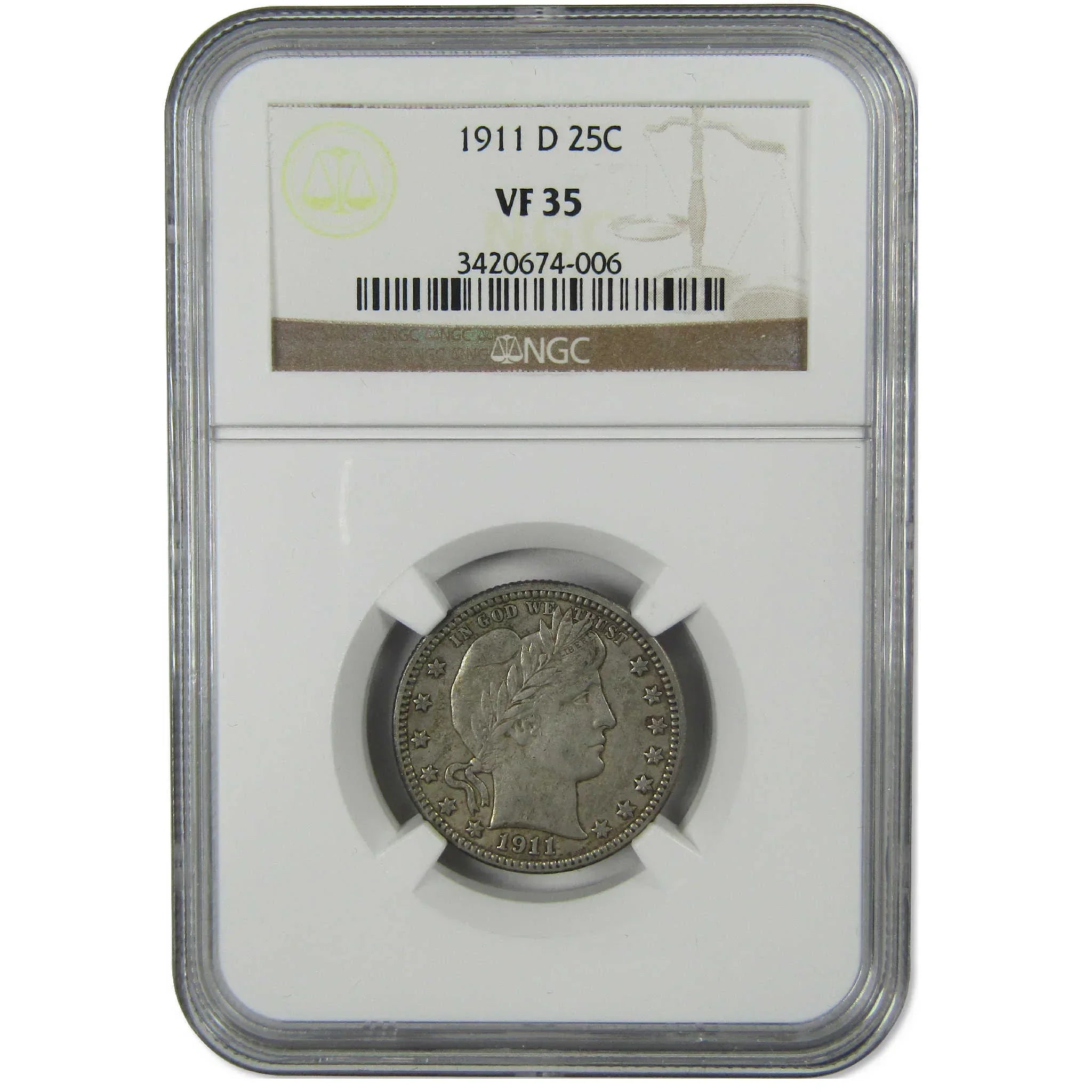 1911 D Barber Silver Quarter VF 35 NGC 25c Coin Collectible