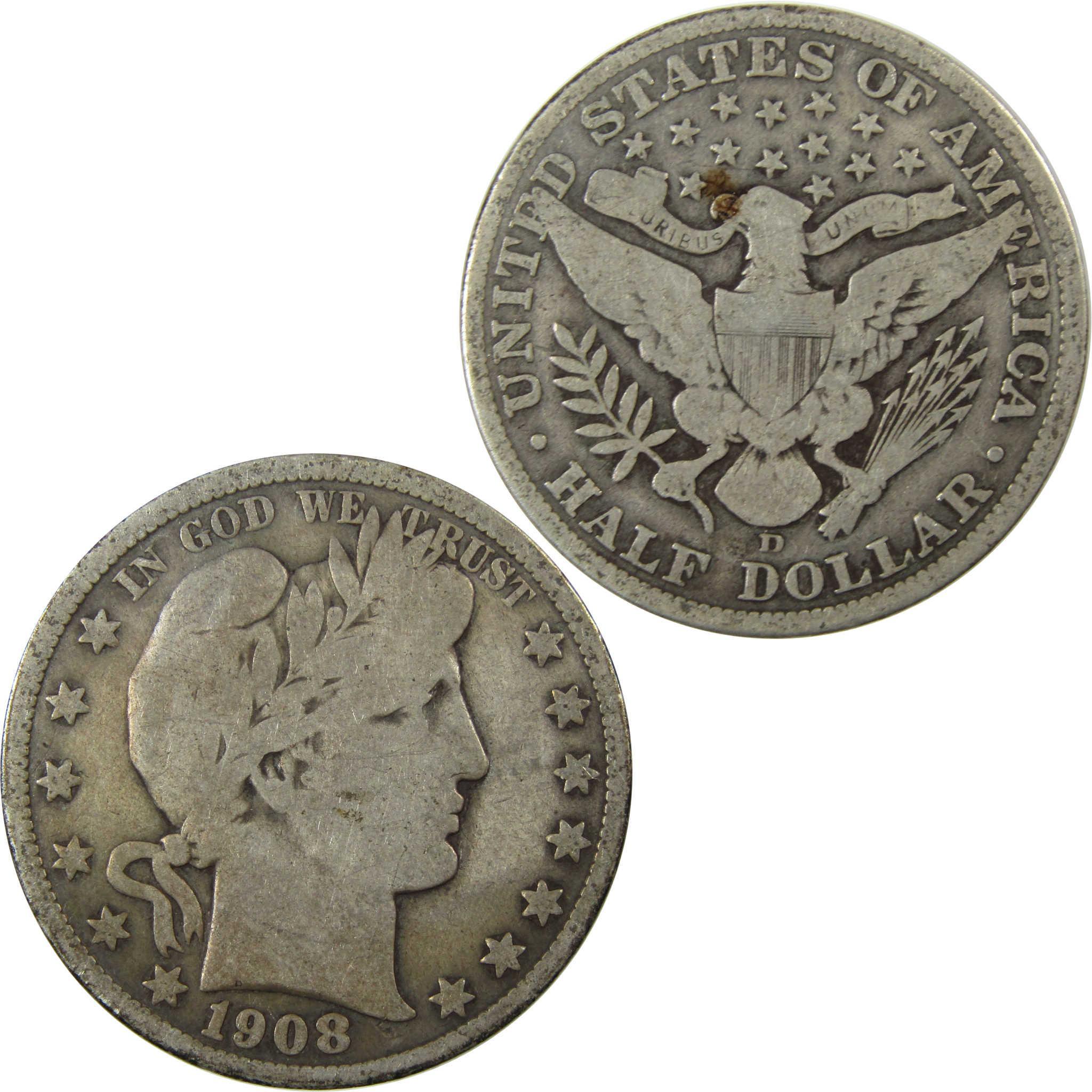 1908 D Barber Silver Half Dollar G Good Details 50c Coin SKU:I25819