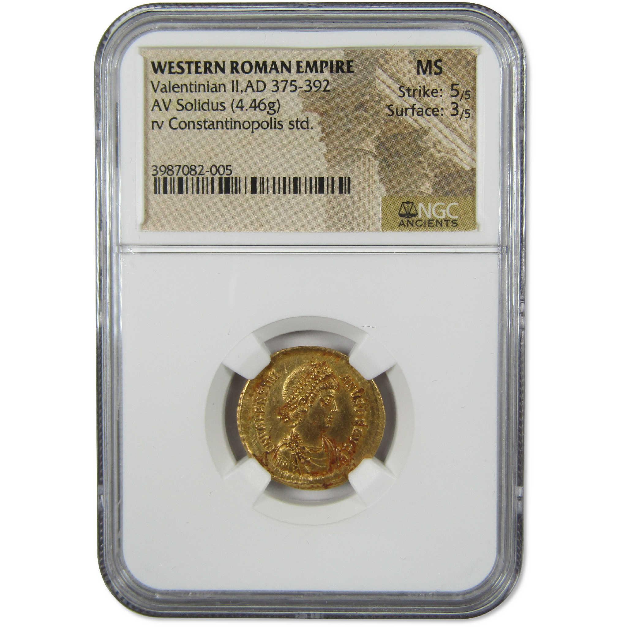 375-392 AD Valentinian II Gold Solidus MS NGC Ancient Roman Coin