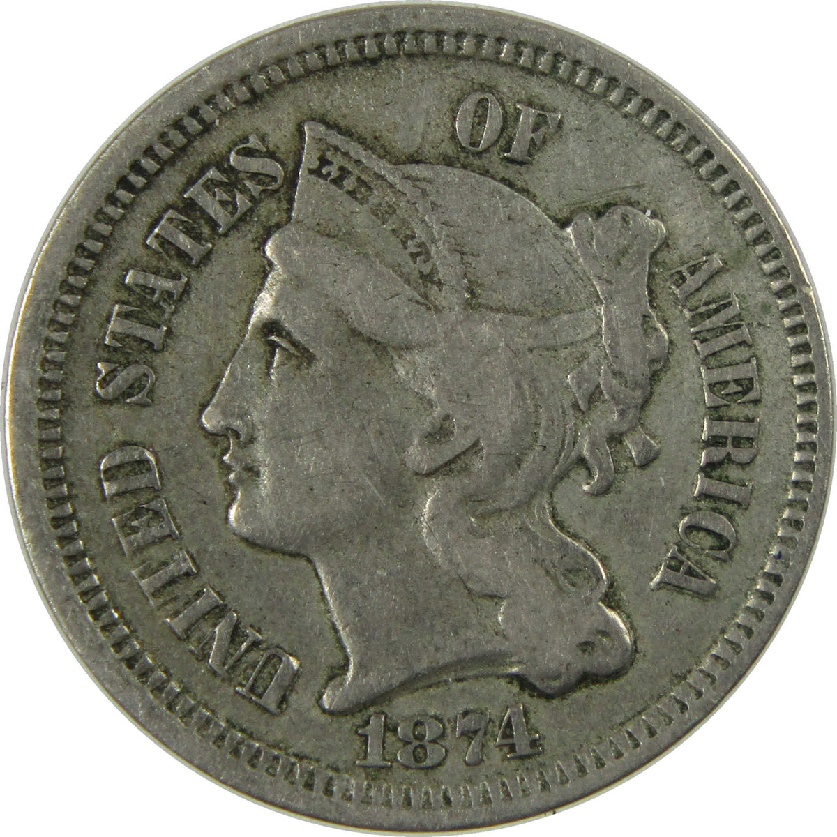 1874 Nickel Three Cent Piece VF Very Fine Details 3c Coin SKU:I28614