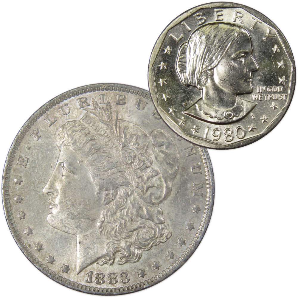 1883 O Morgan Silver Dollar AU About Uncirculated with 1980 SBA $1 Unc - Morgan coin - Morgan silver dollar - Morgan silver dollar for sale - Profile Coins & Collectibles