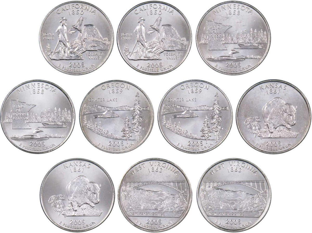 2005 P&D State Quarter 10 Coin Set Clad Uncirculated Mint State