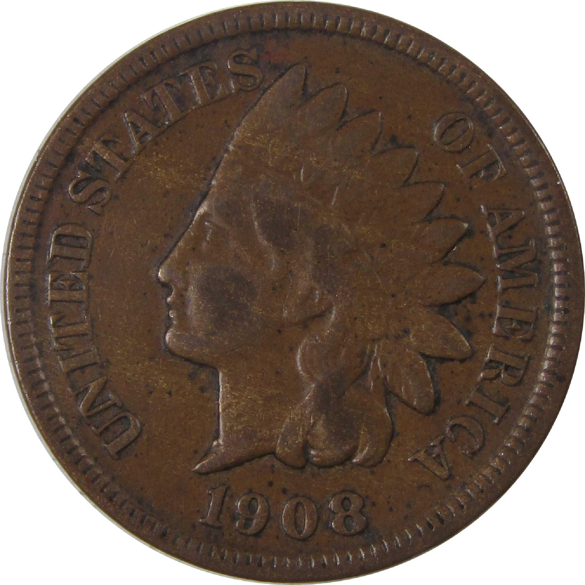1908 S Indian Head Cent F Fine Penny 1c Coin SKU:I18121