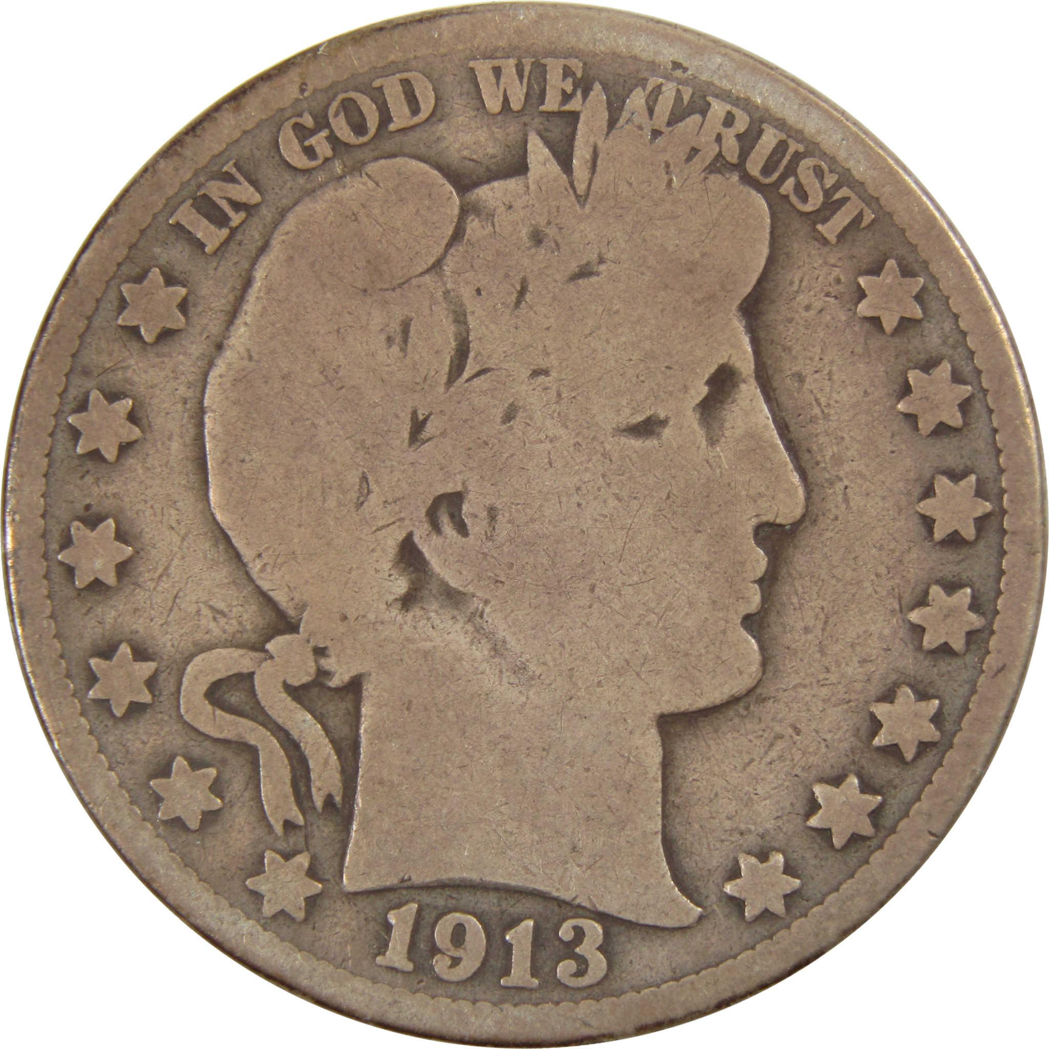 1913 Barber Half Dollar G Good 90% Silver 50c Coin SKU:I8260