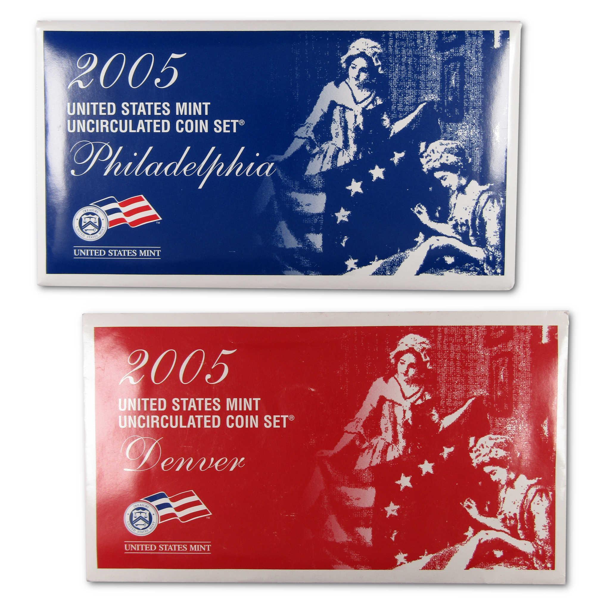 2005 United States Mint Uncirculated Coin Set Philadelphia and Denver, red and blue packaging featuring historic figures with American flag.