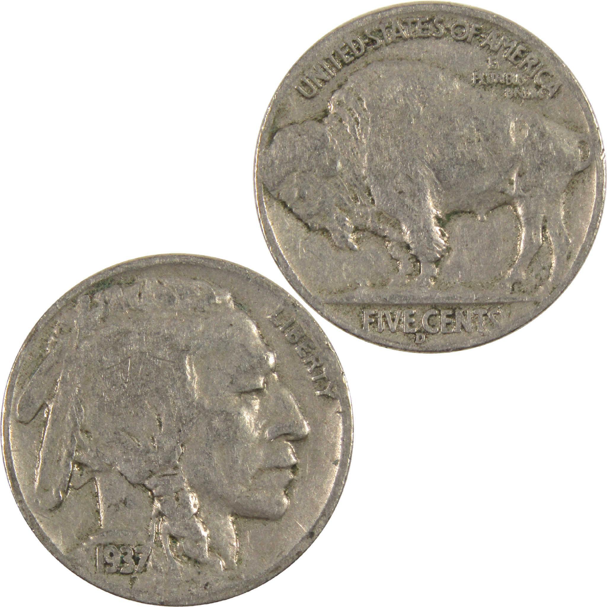 1937 D Indian Head Buffalo Nickel Circulated 5c Coin Collectible