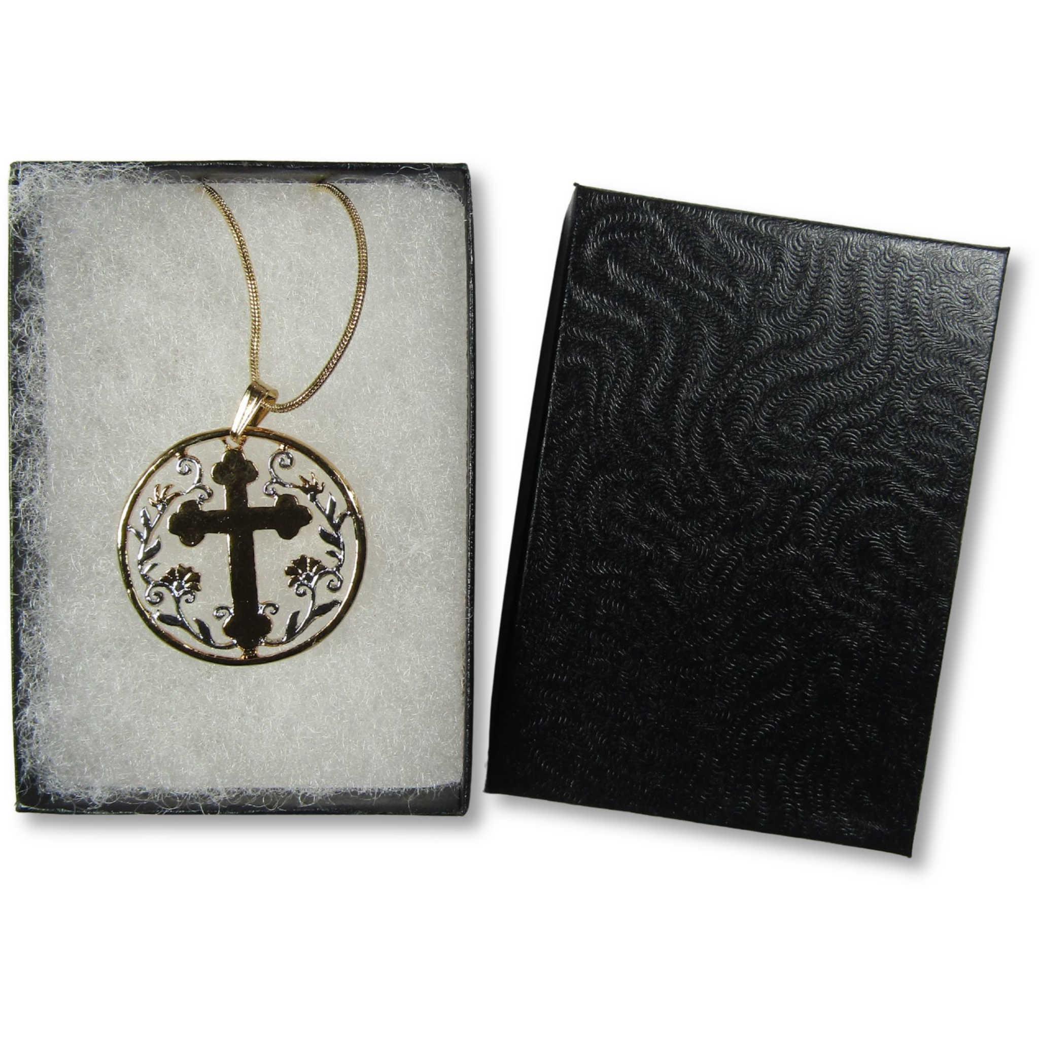 Cross with Flowers Cut Coin Necklace with Gold-Plated Chain