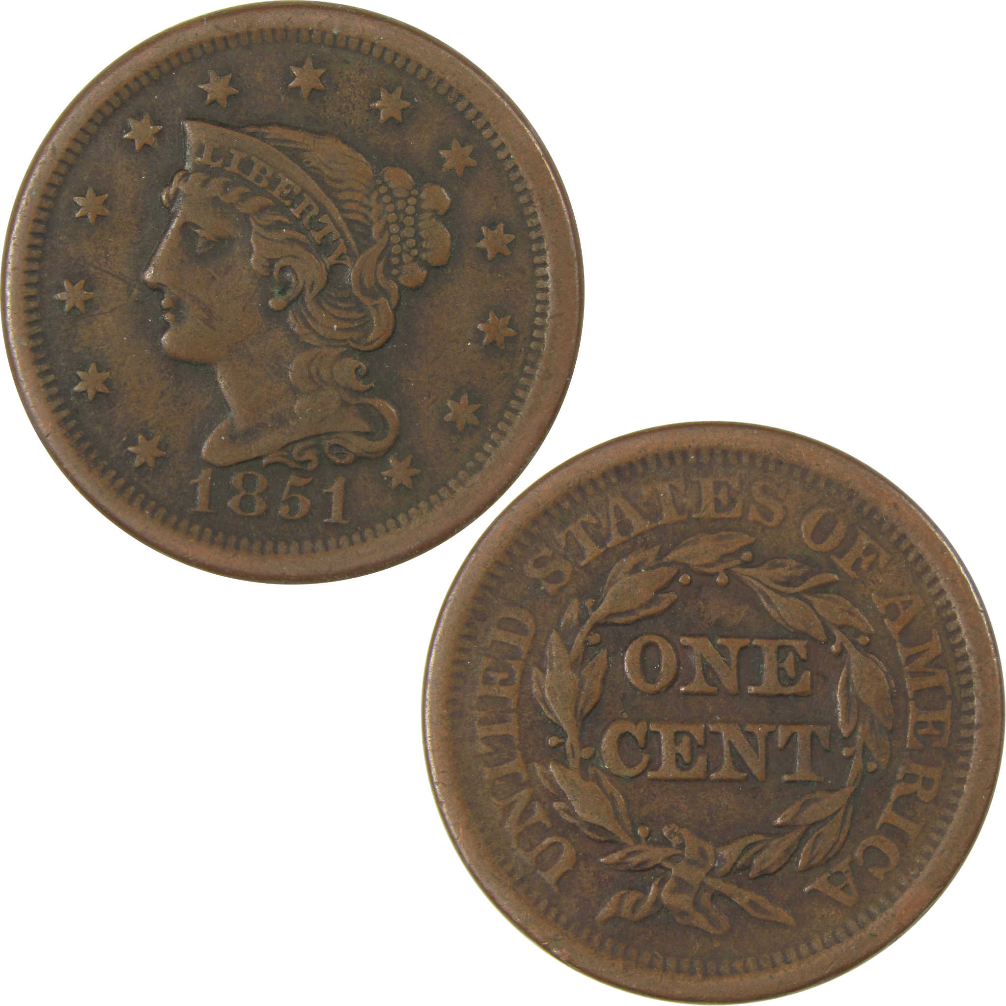 1851 Braided Hair Copper Large Cent VF Very Fine Penny SKU:I23855