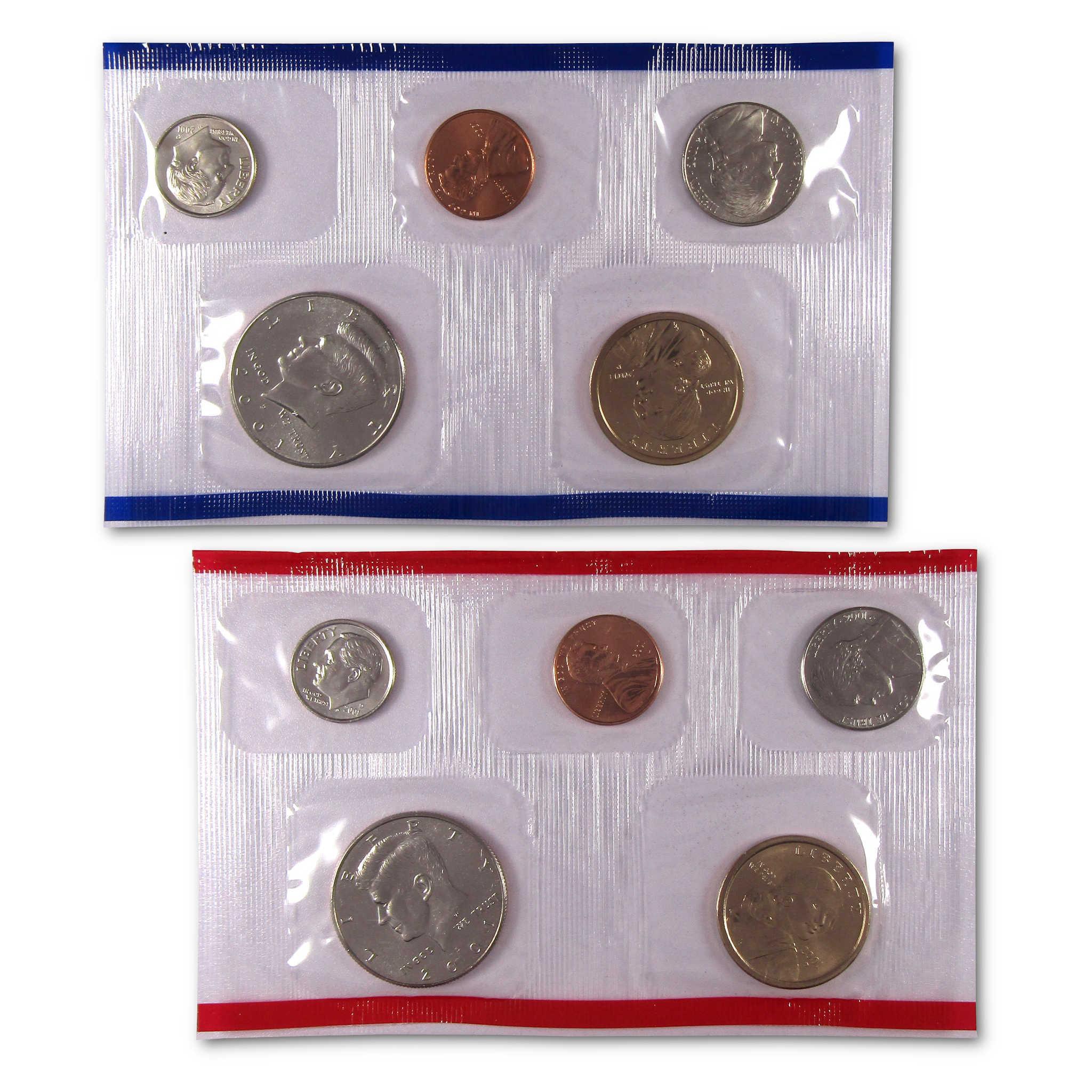Uncirculated US coin sets in sealed plastic sleeves, collectible currency display