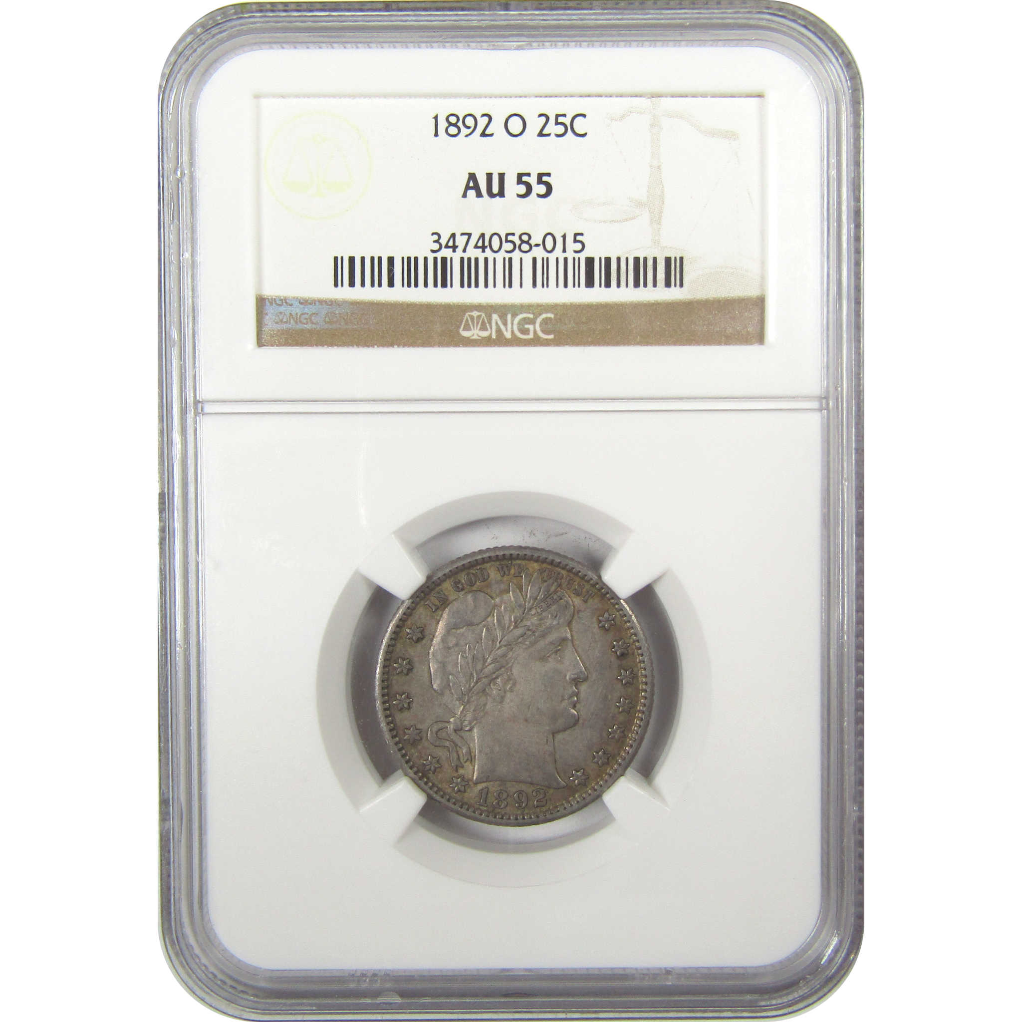 1892 O Barber Quarter AU 55 NGC Silver 25c Coin SKU:I19928