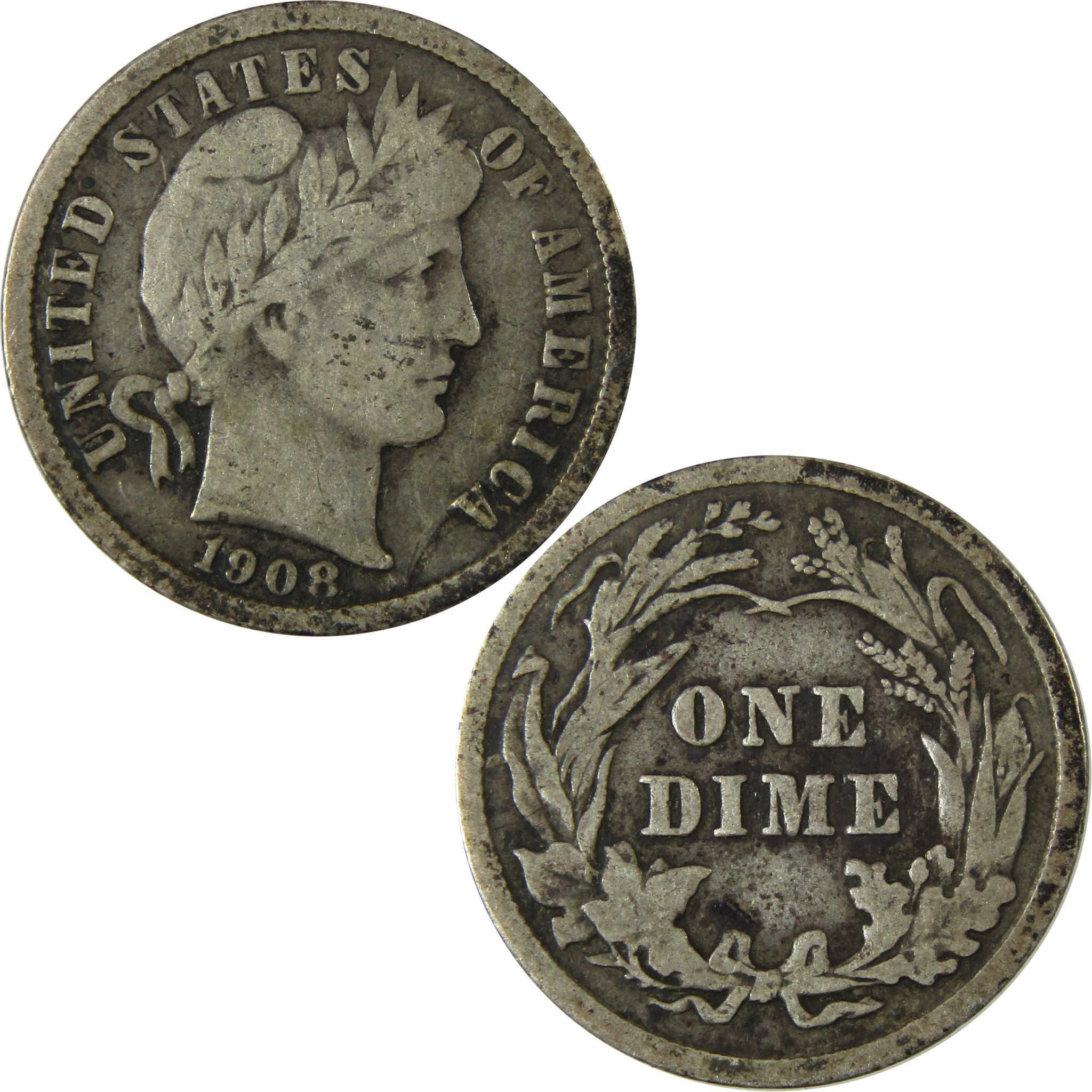 1908 Barber Silver Dime F Fine 10c Coin Collectible SKU:CP982