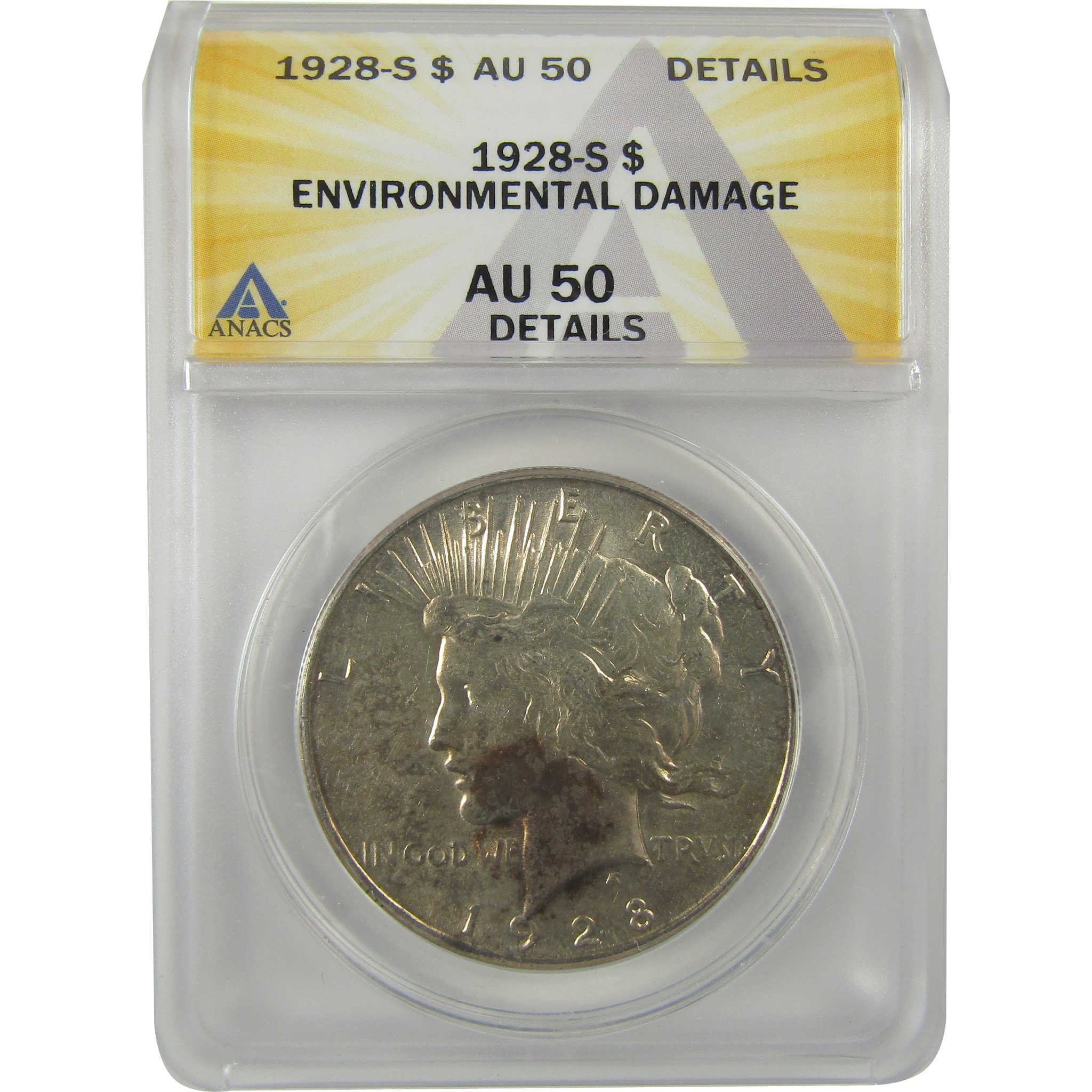 1928 S Peace Dollar AU 50 Details ANACS Silver $1 Coin SKU:I21448