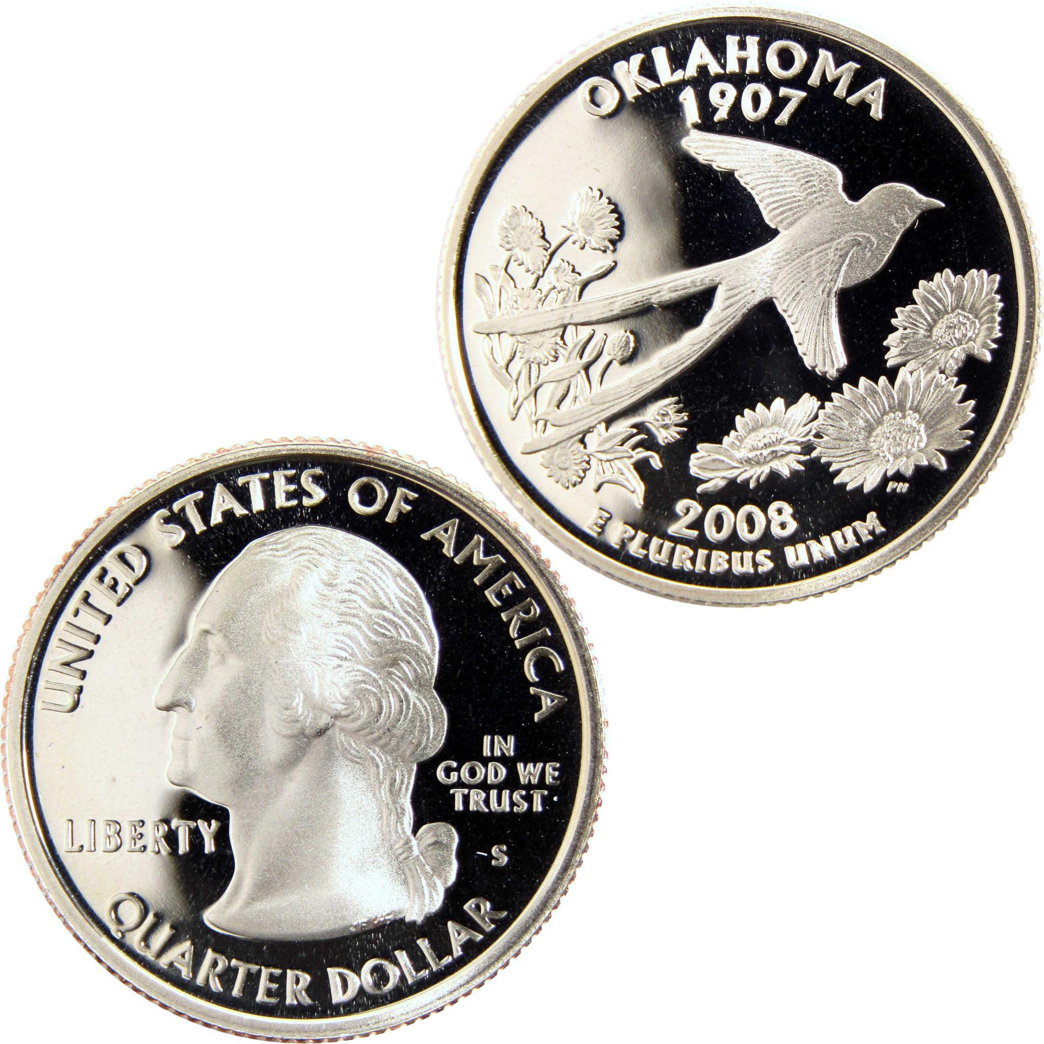 2008 Oklahoma state quarter dollar coin, featuring scissortail bird and wildflowers