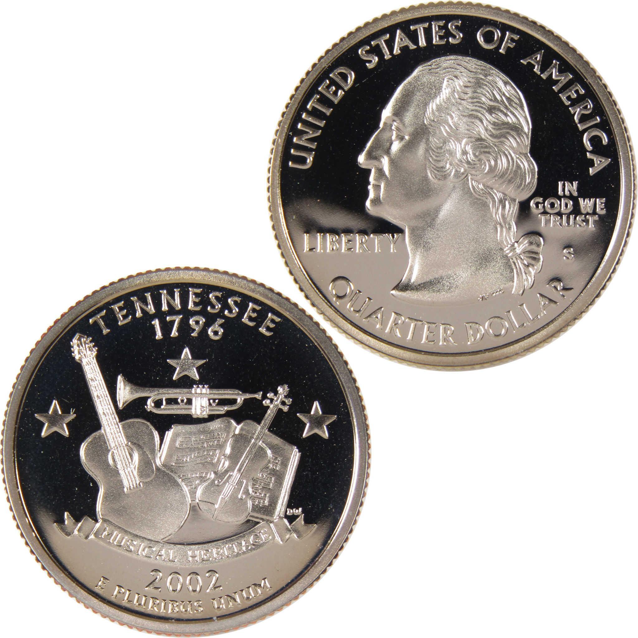 Tennessee state quarter 2002 collectible coin with musical theme design and George Washington profile