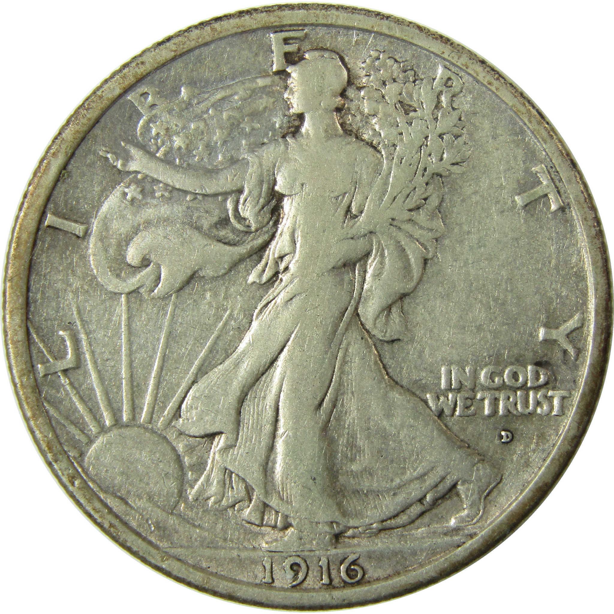 1916 D Liberty Walking Silver Half Dollar VF Very Fine SKU:I27505