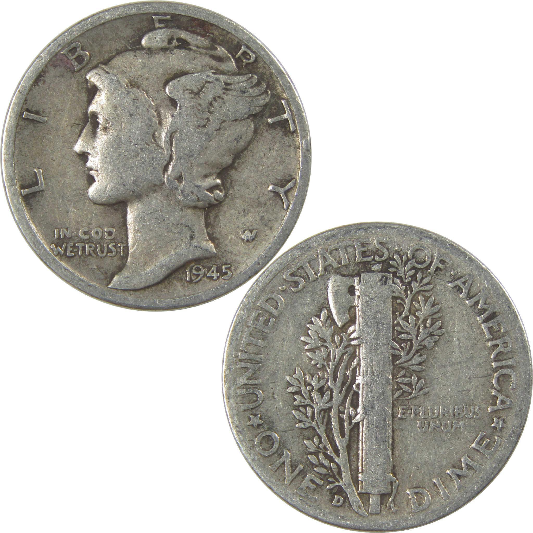 1945 D Mercury Dime Circulated Silver 10c Coin Collectible