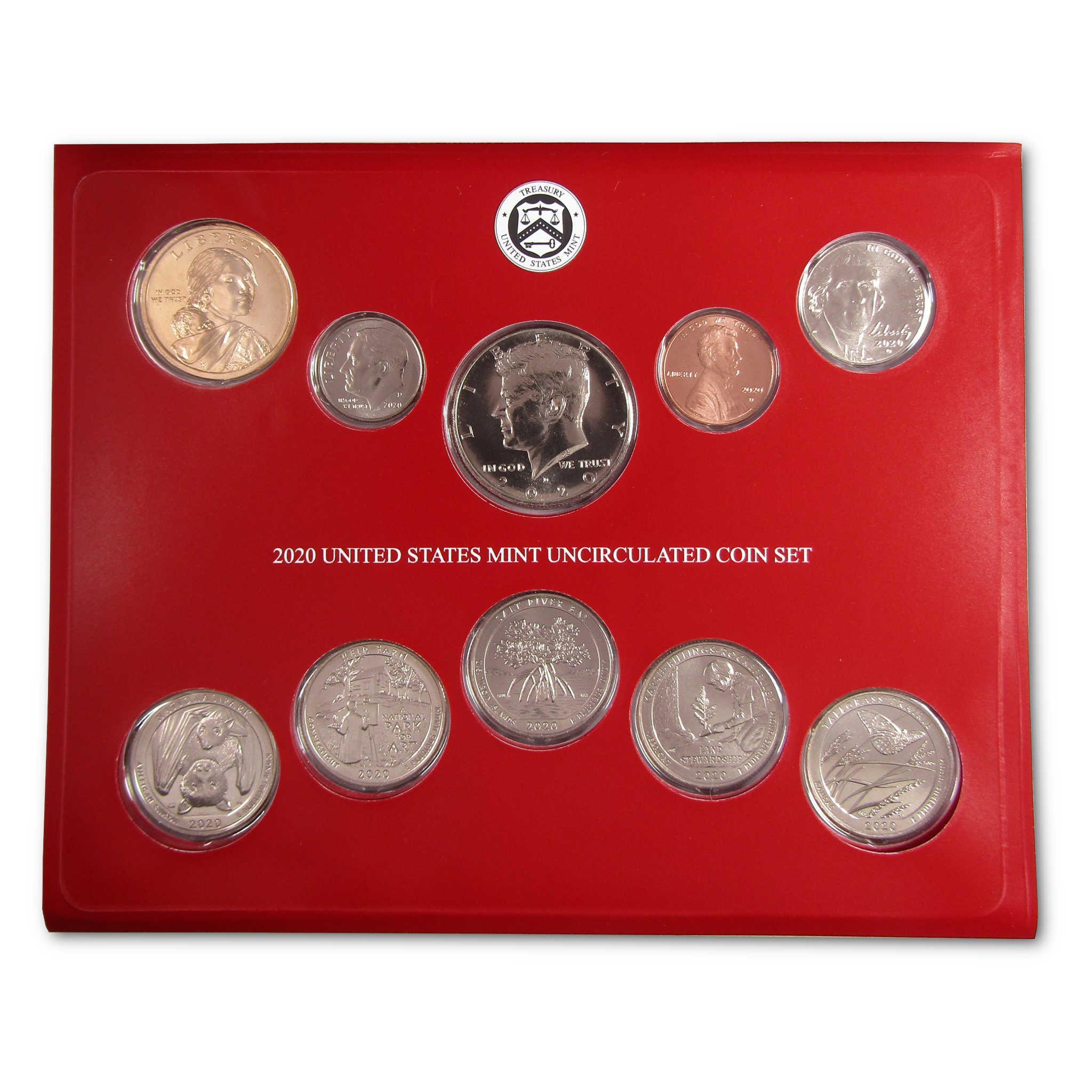 2020 United States Mint uncirculated coin set displayed in red collector case