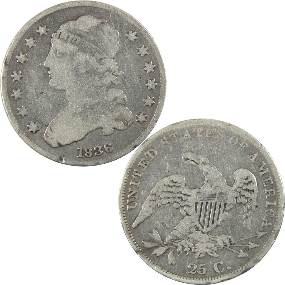 1836 Capped Bust Silver Quarter F Fine Details 25c Coin SKU:CP1772