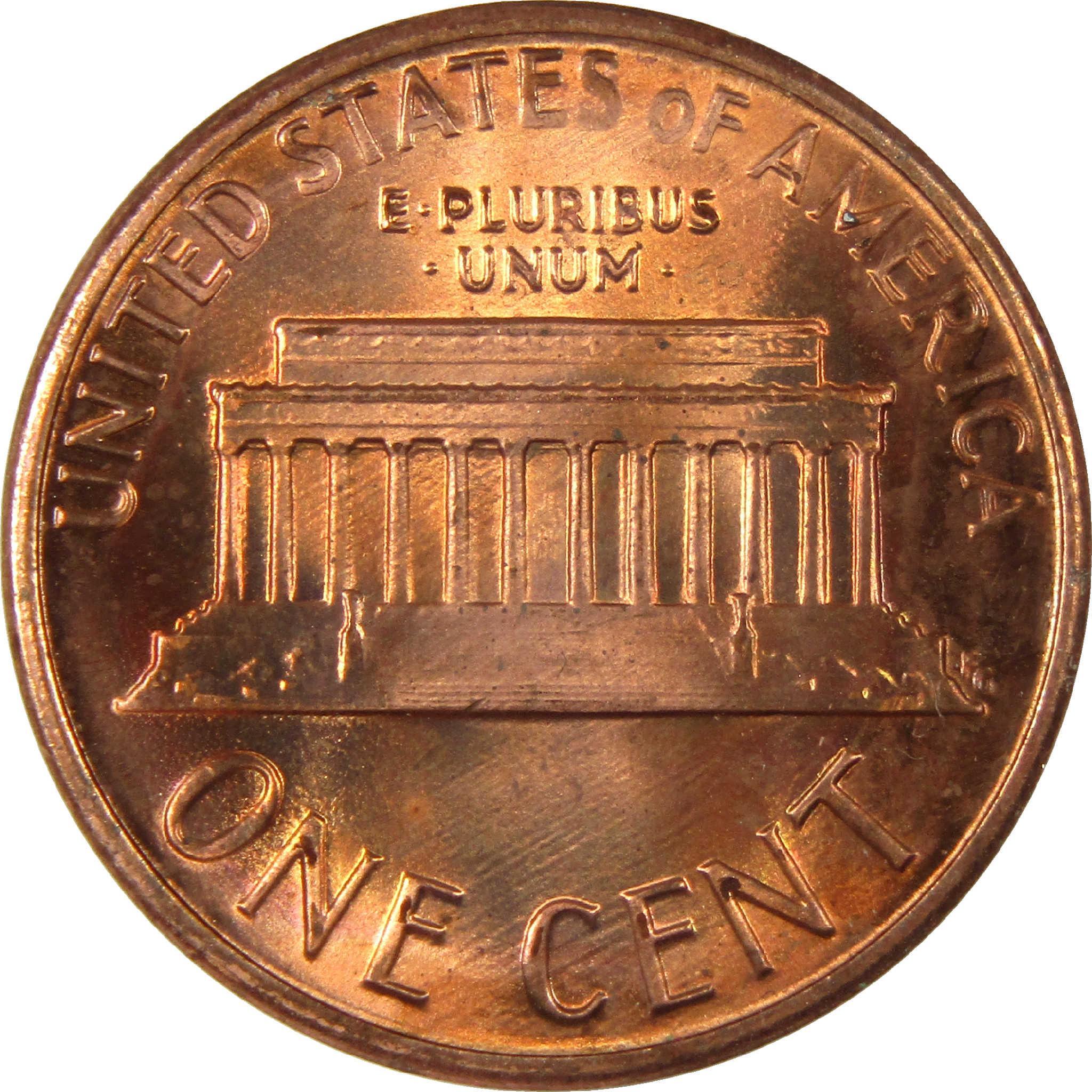 Reverse side of US Lincoln Memorial penny, copper coin, collectible currency