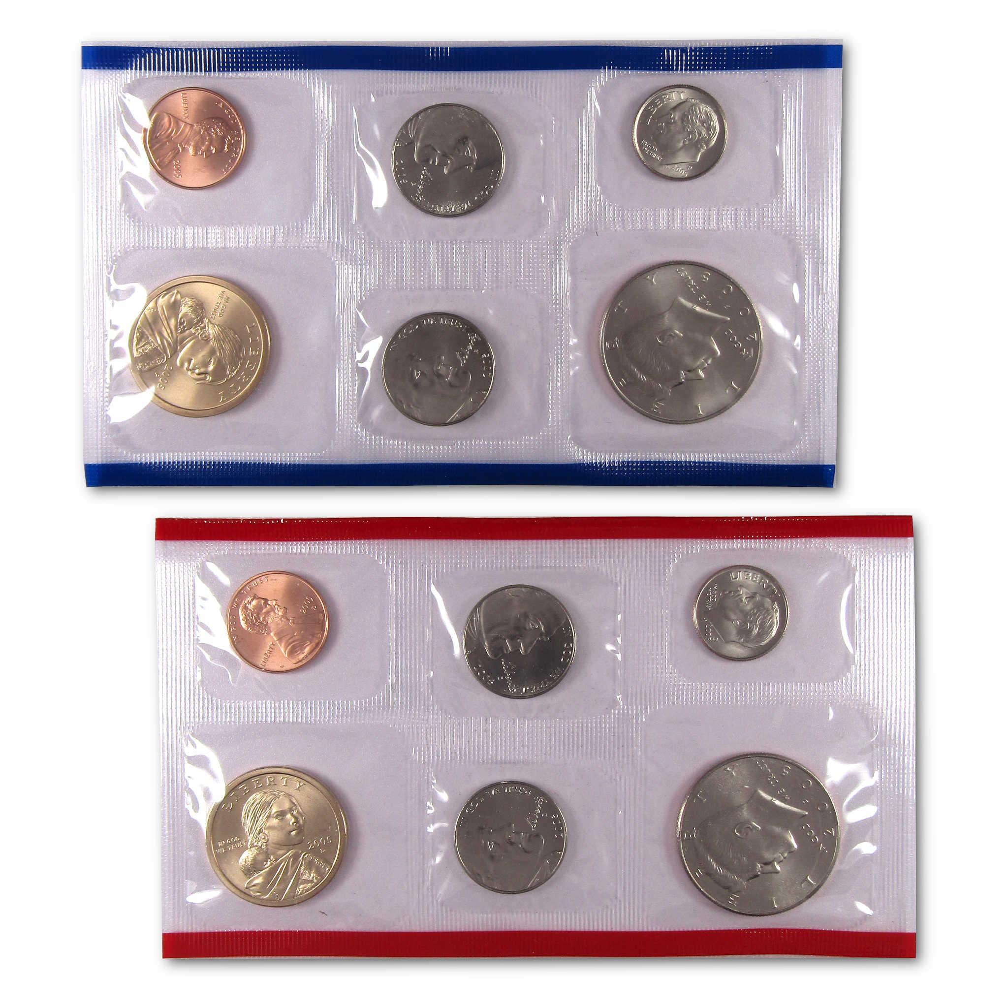 Mint coin set in sealed plastic sleeves, includes various denominations, collectible coins