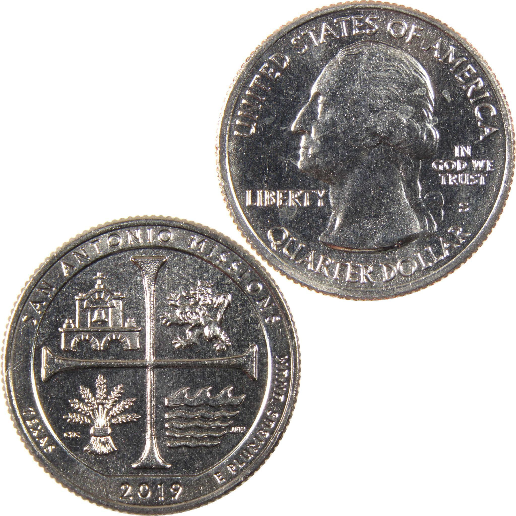 2019 San Antonio Missions National Historical Park collectible quarter, obverse and reverse sides shown