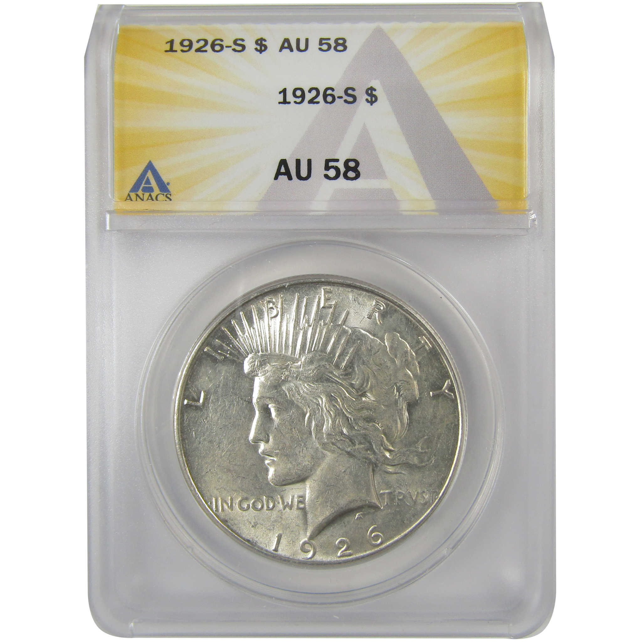 1926 S Peace Dollar AU 58 ANACS Silver $1 Coin SKU:I20895