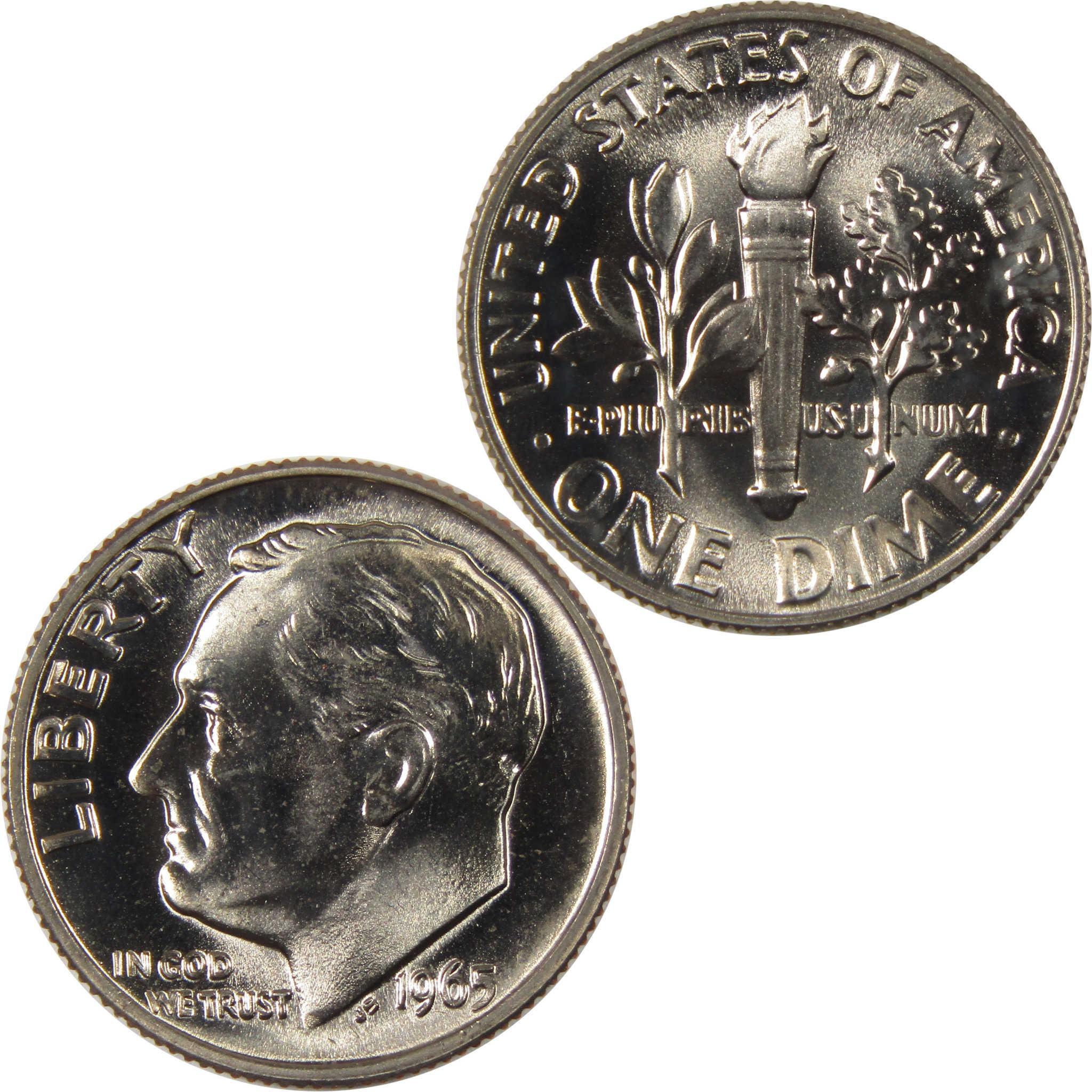 1965 Roosevelt dime coin, obverse with portrait, reverse with torch and branches