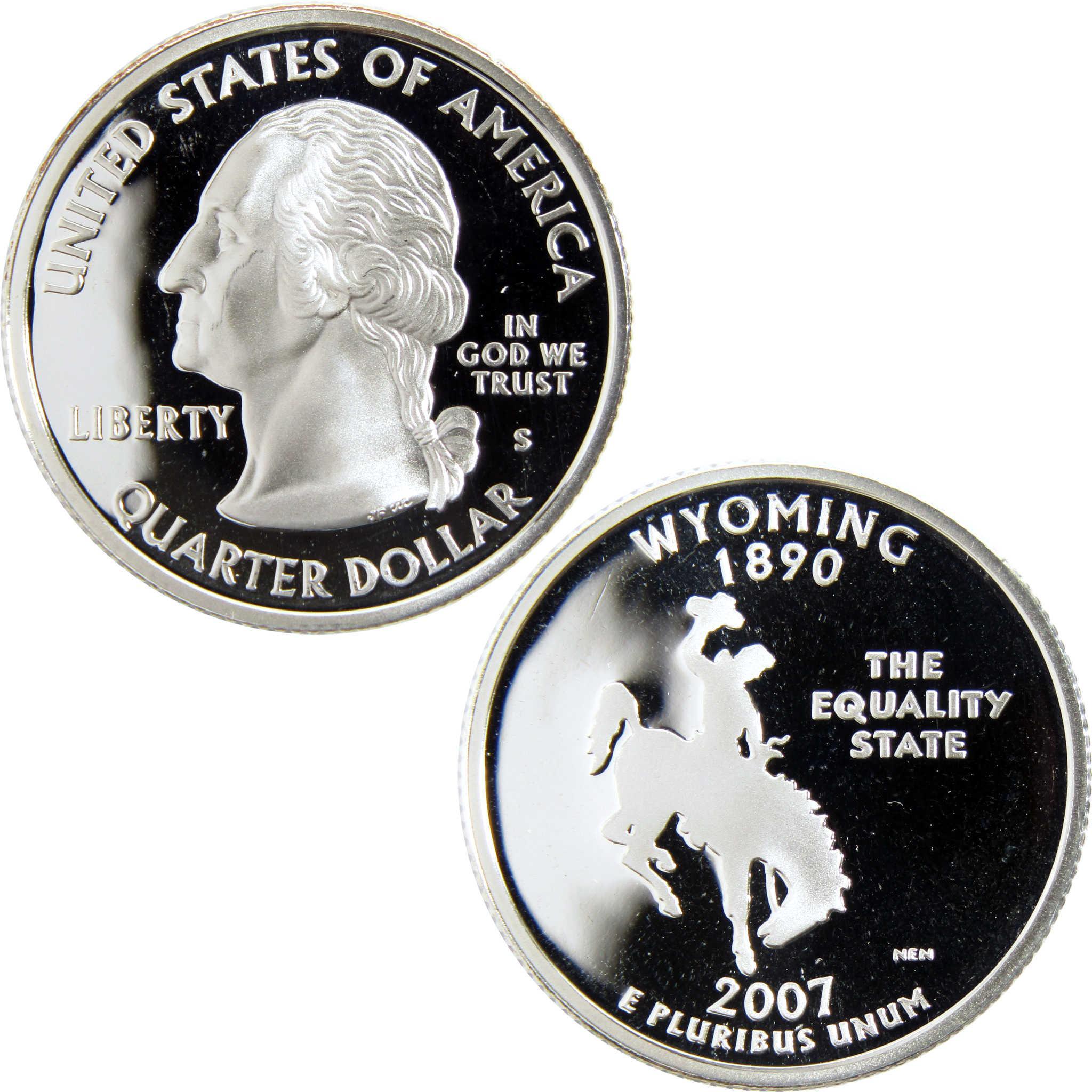 2007 Wyoming state quarter collectible coin, cowboy on horse design, proof finish