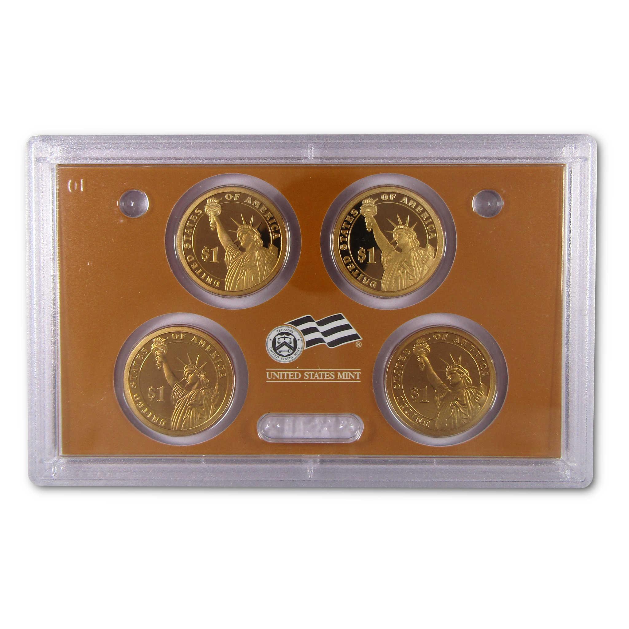 United States Mint collectible $1 coins set in clear display case, gold coins with Statue of Liberty design