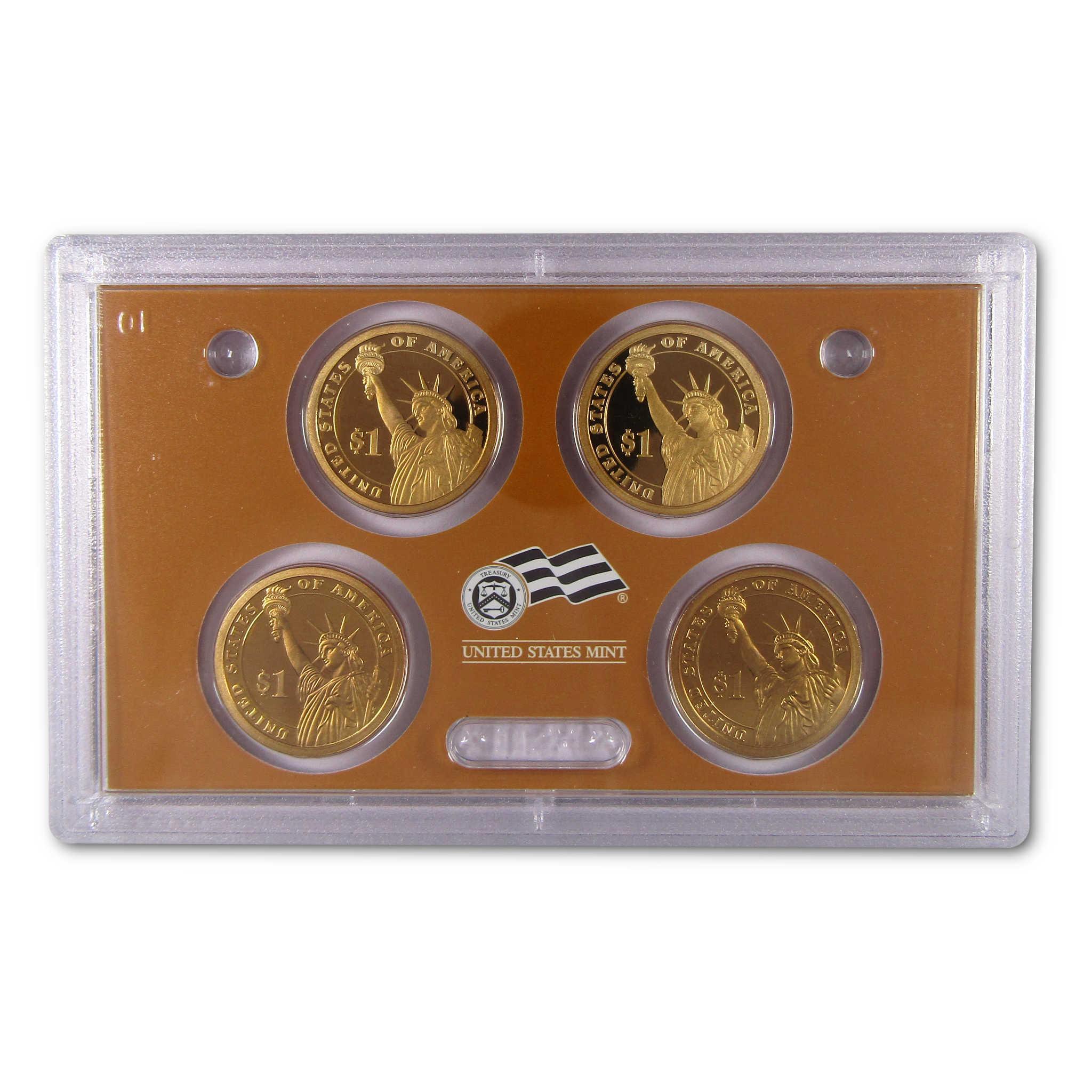 United States Mint collectible $1 coins set in clear display case, gold coins with Statue of Liberty design