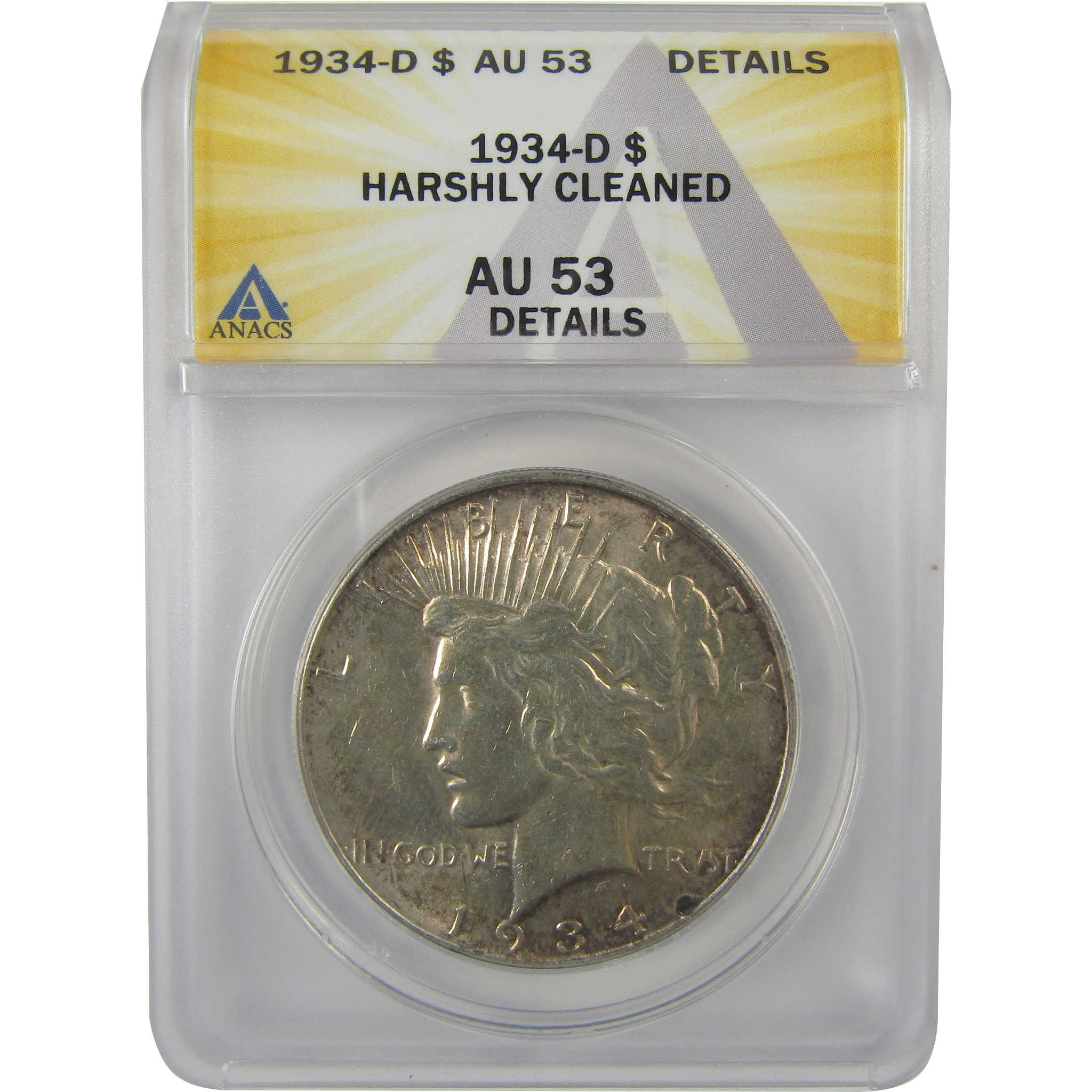 1934 D Peace Dollar AU 53 Details ANACS Silver $1 Coin SKU:I21599