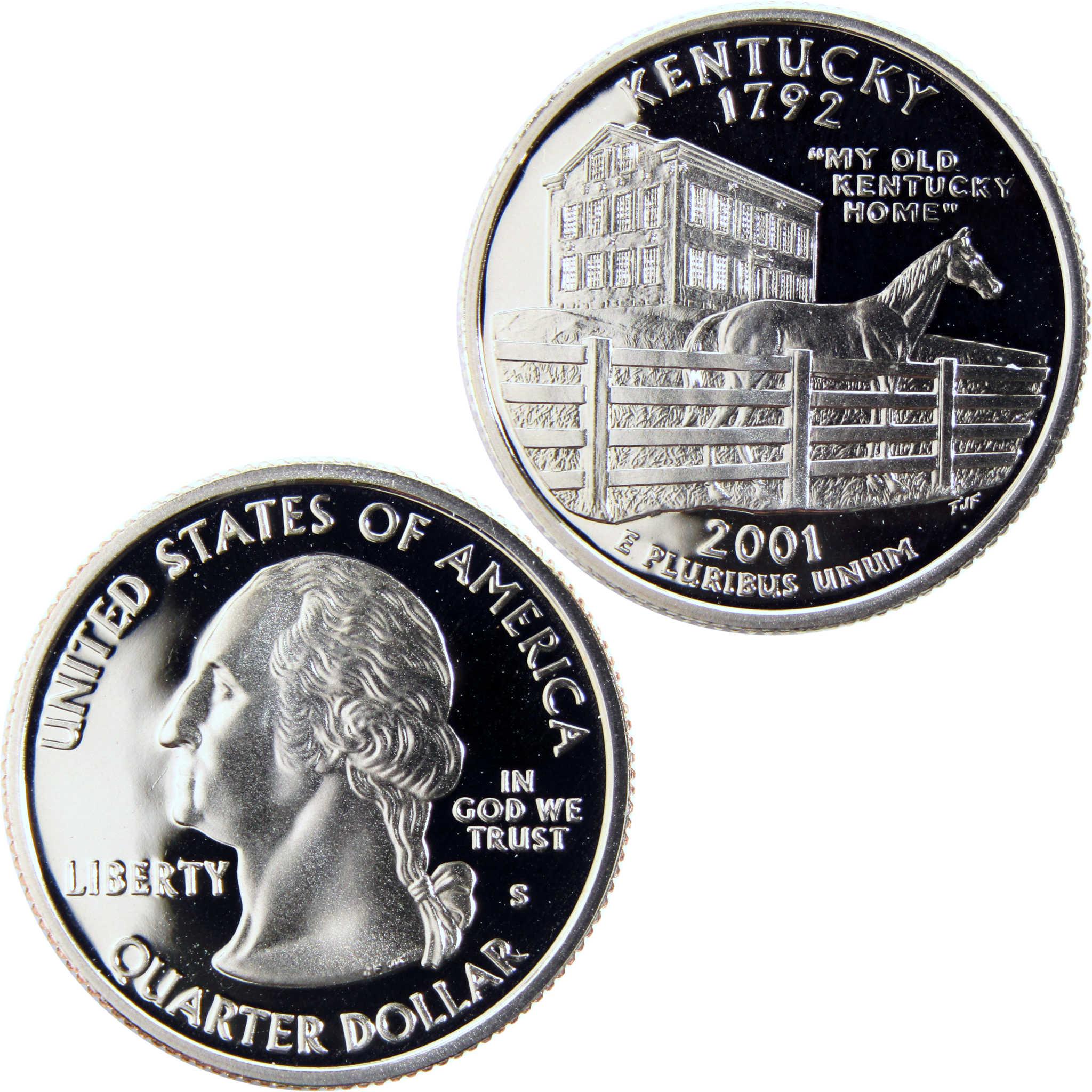 2001 Kentucky state quarter collectible coin, horse and building reverse, George Washington obverse