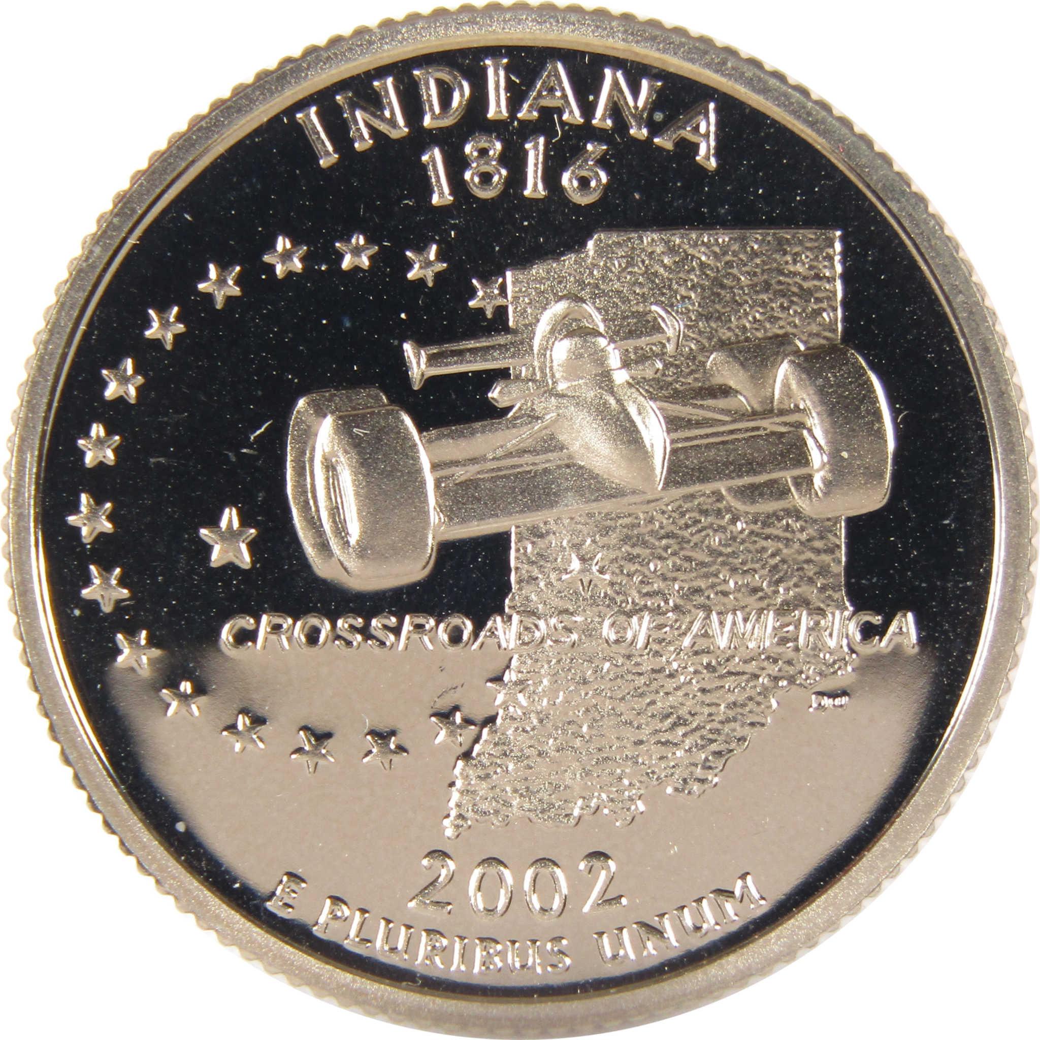 Indiana 2002 state quarter featuring race car, stars, and 'Crossroads of America' design