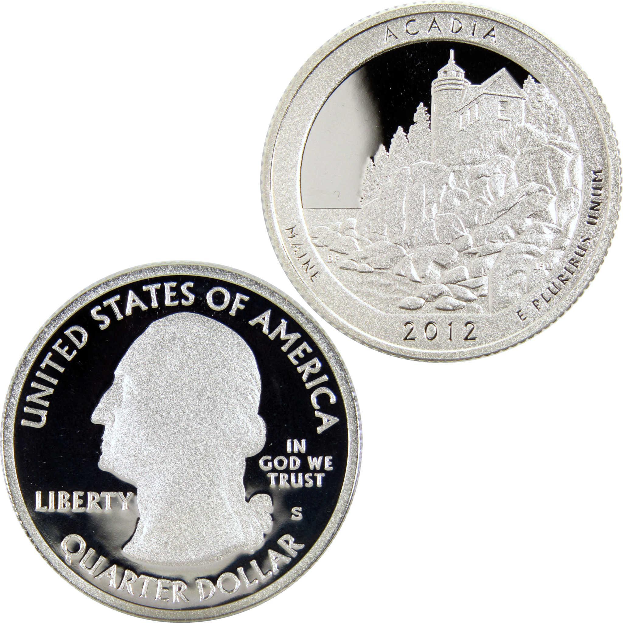 2012 Acadia National Park Maine proof quarter collectible coin, obverse and reverse sides