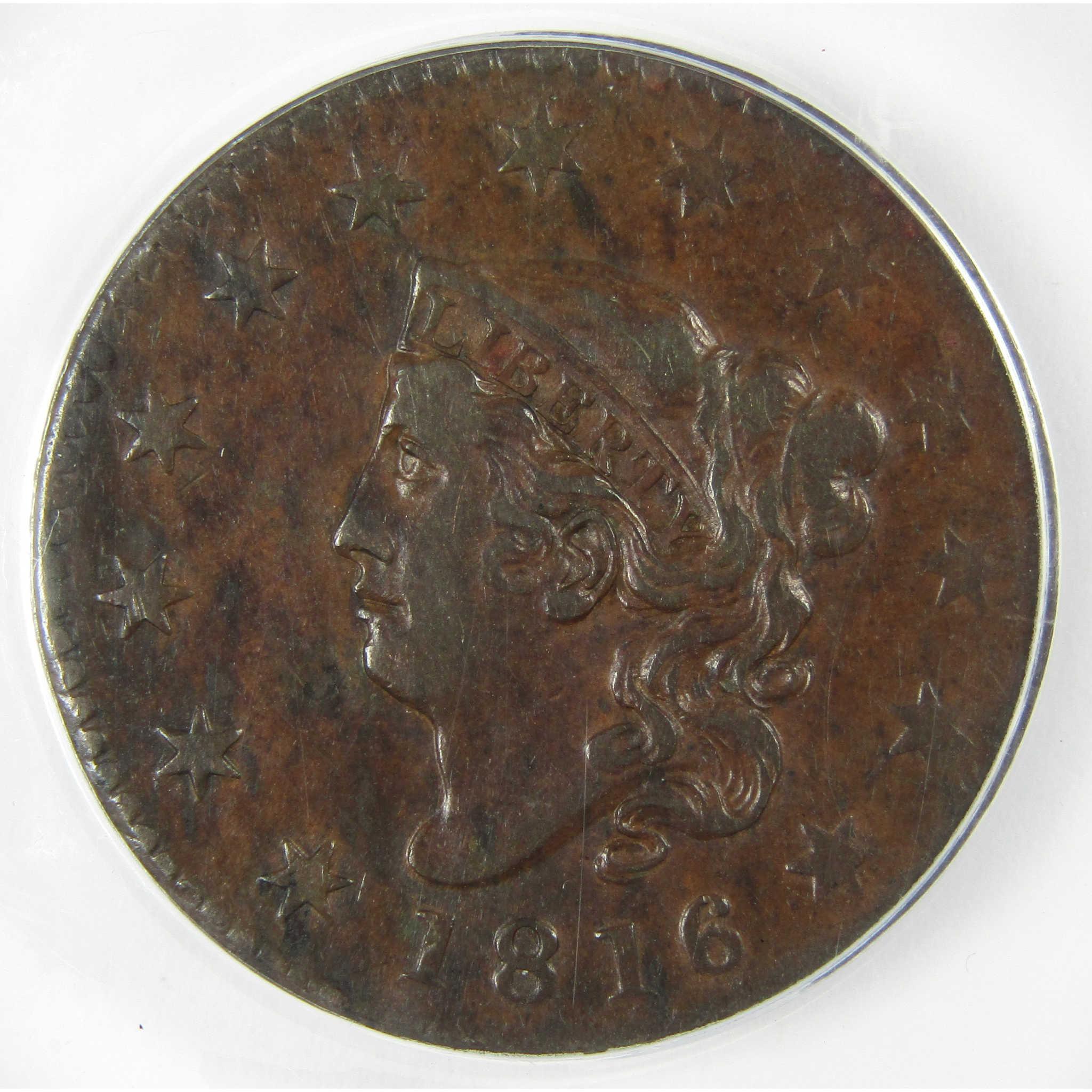 1816 Coronet Head Copper Large Cent VF 35 ANACS Penny SKU:CP621