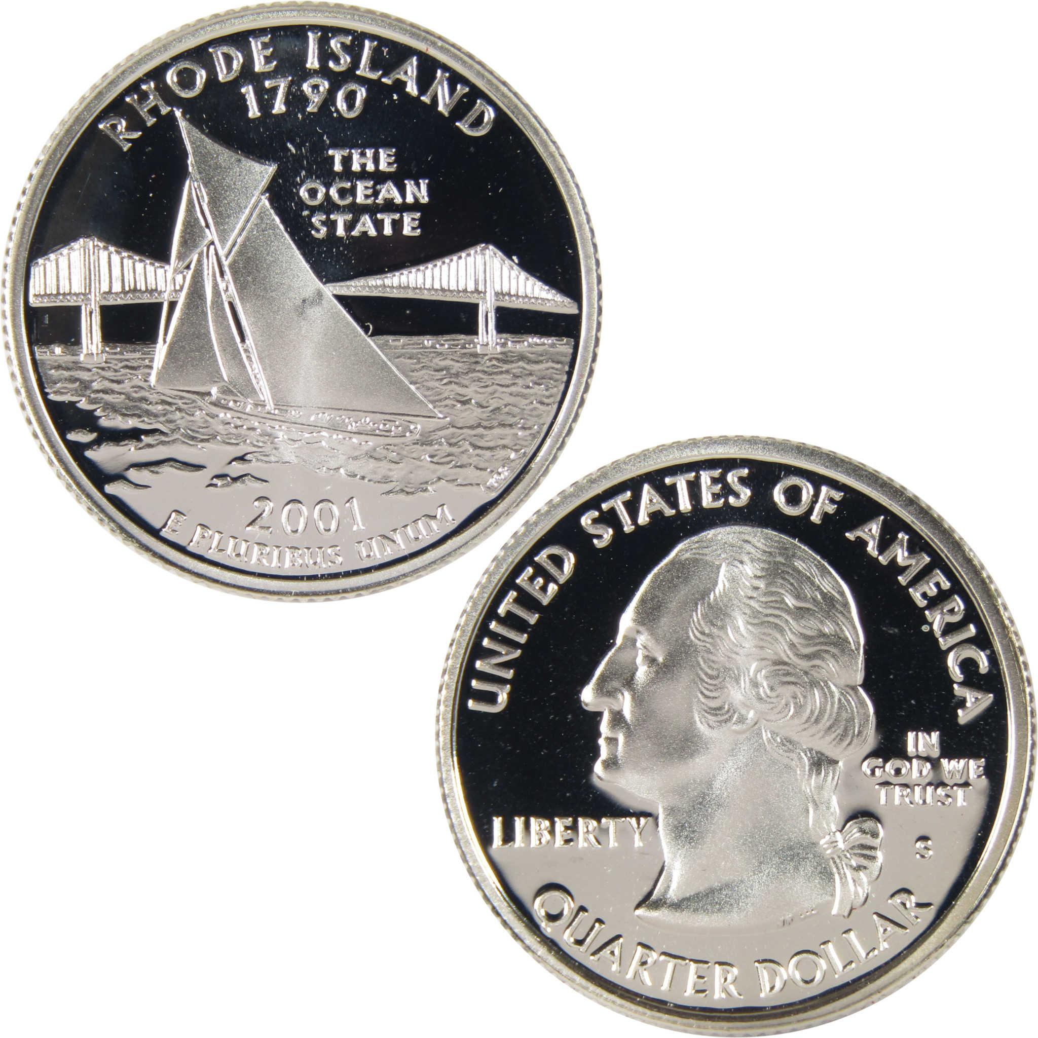 2001 Rhode Island state quarter collectible coin with sailboat and bridge design