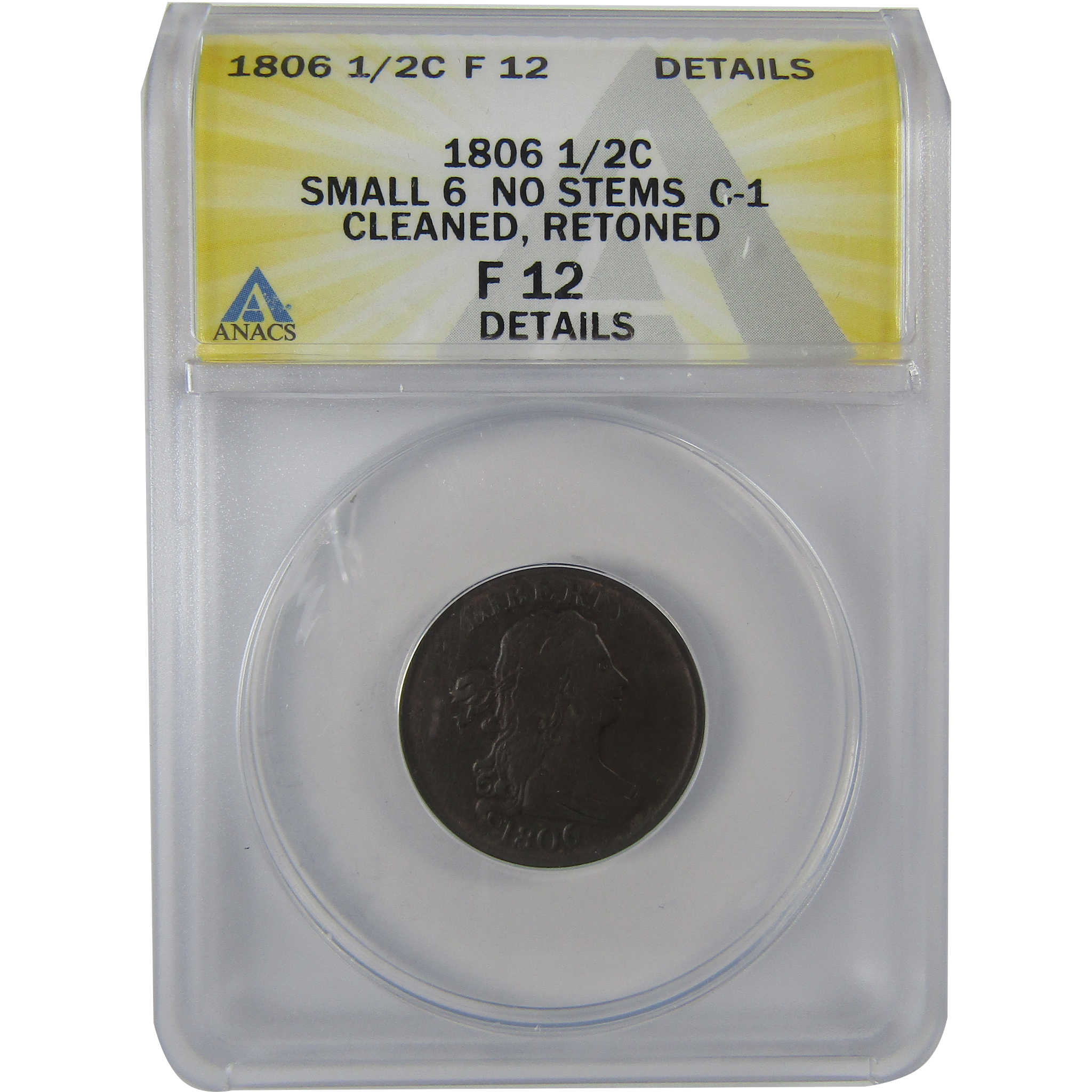 1806 Small 6 No Stems Draped Bust 1/2C F 12 Details ANACS SKU:CPC1128