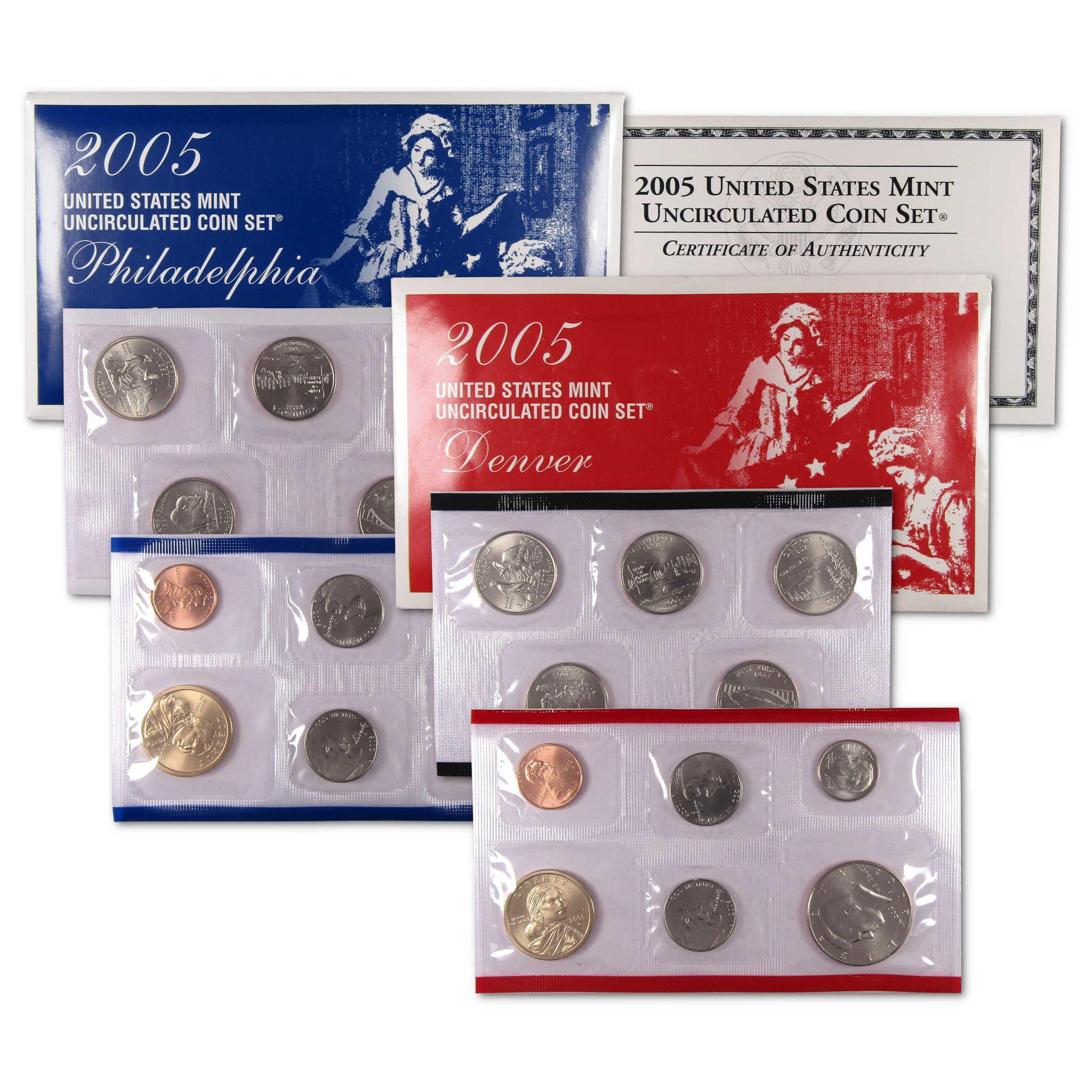 2005 United States Mint uncirculated coin set with coins and certificate of authenticity