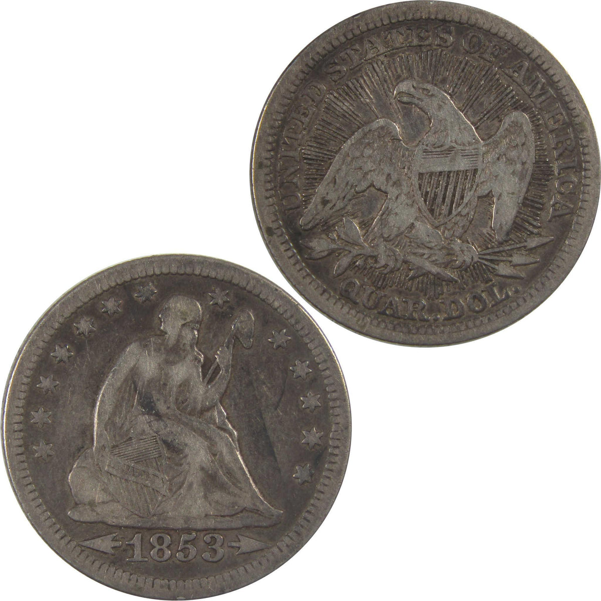 1853 Arrows and Rays Seated Liberty Silver 25c VF Very Fine SKU:I24611