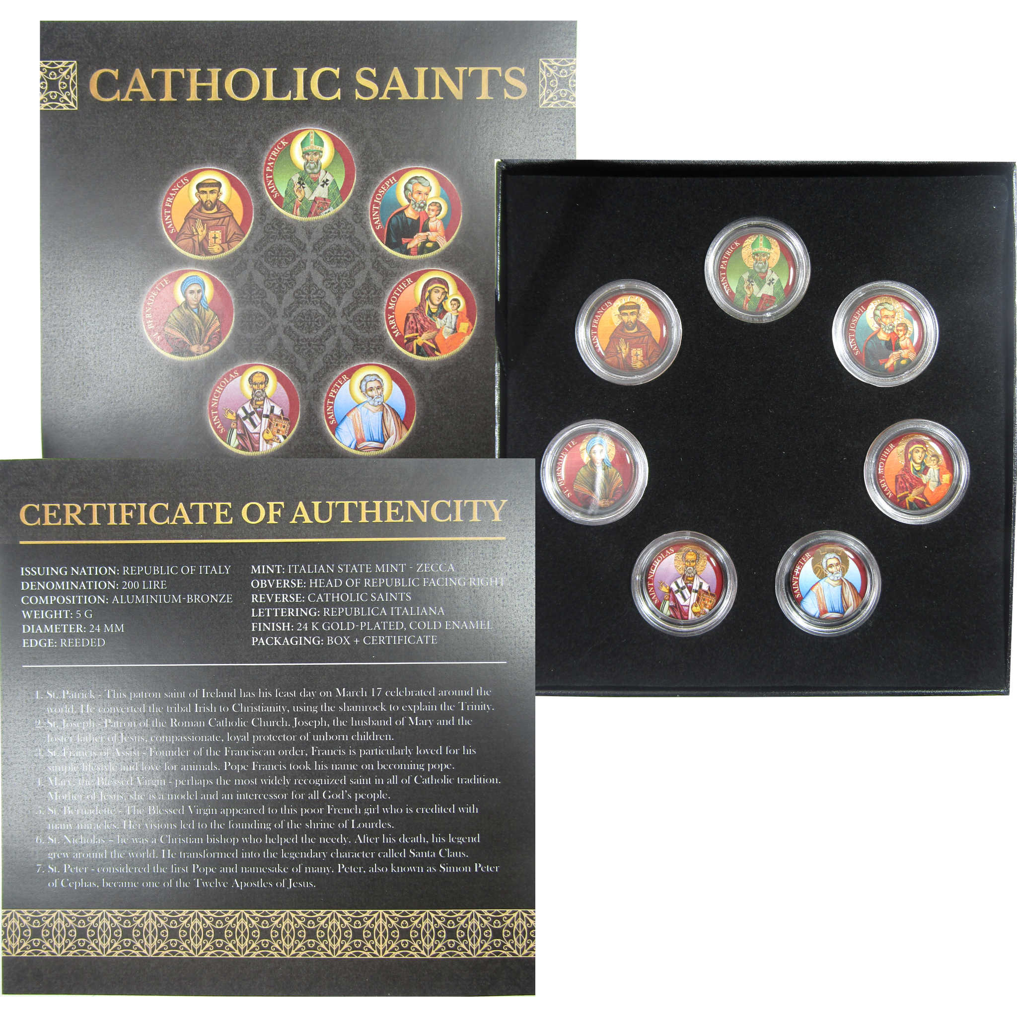 Catholic Saints Gold-Plated & Colorized Italy 200 Lire 7-Coin Set