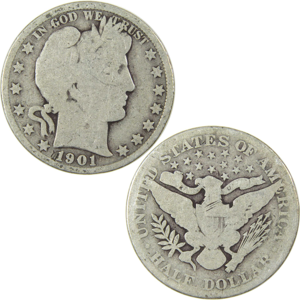 1901 Barber Silver Half Dollar Circulated 50c Coin Collectible